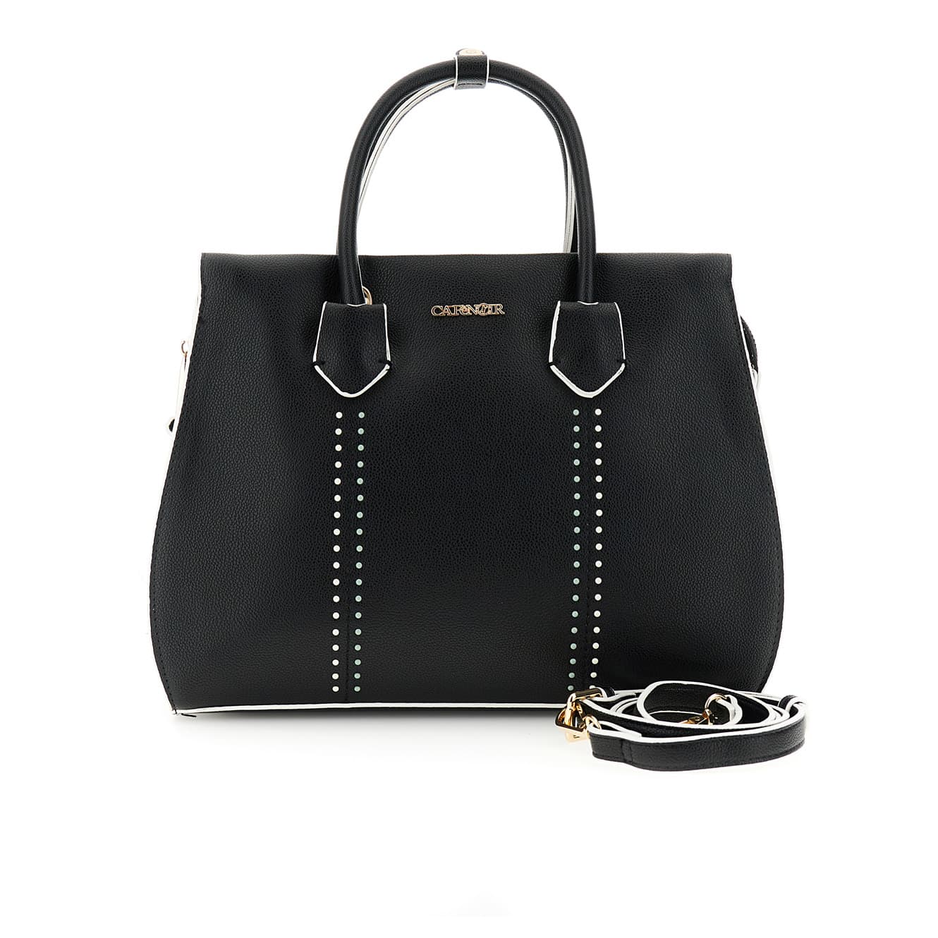 CafèNoir — Borsa a mano con fibbiette, mini rivetti bicolore e tracolla removibile nero
