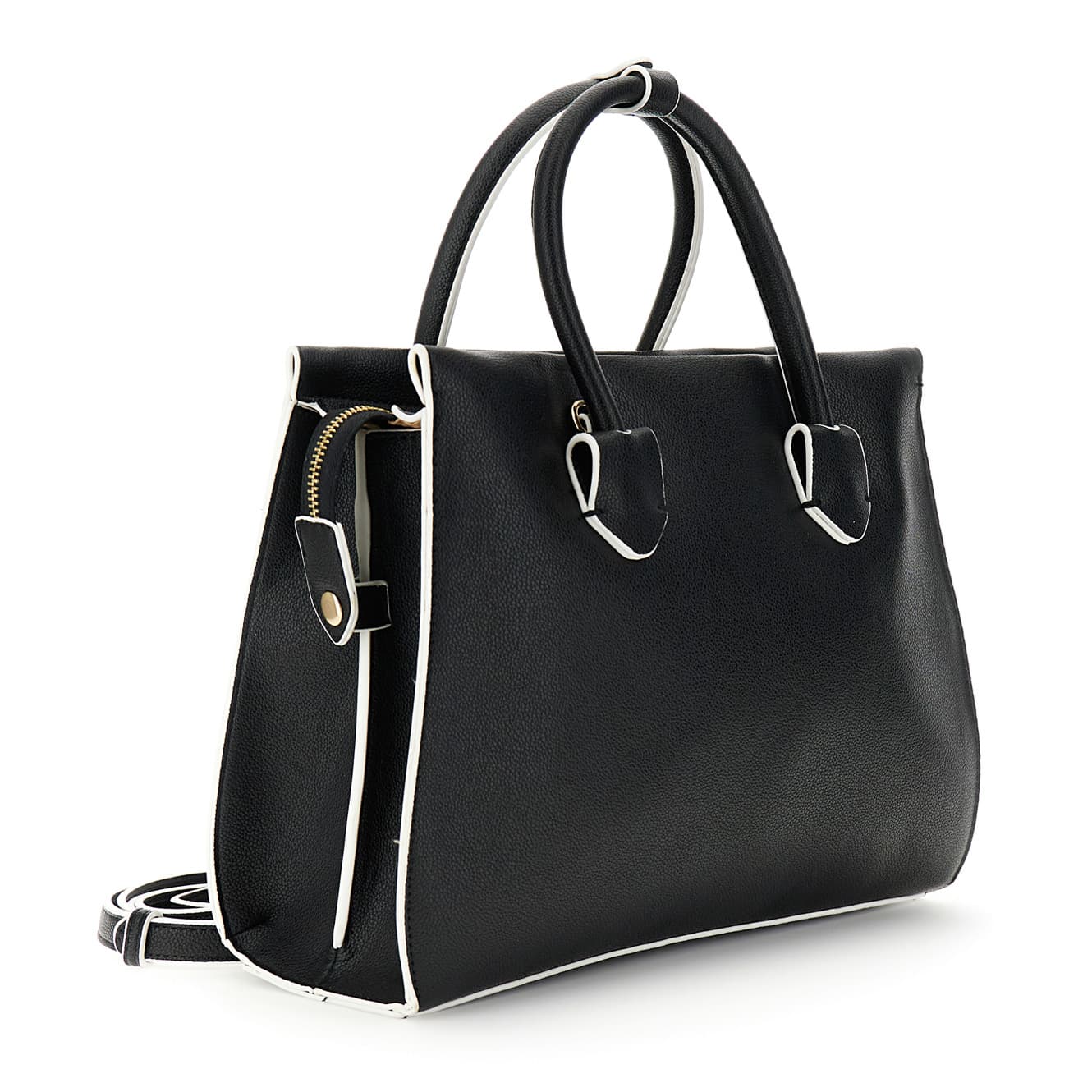 Borsa a mano con fibbiette, mini rivetti bicolore e tracolla removibile nero — vista 2