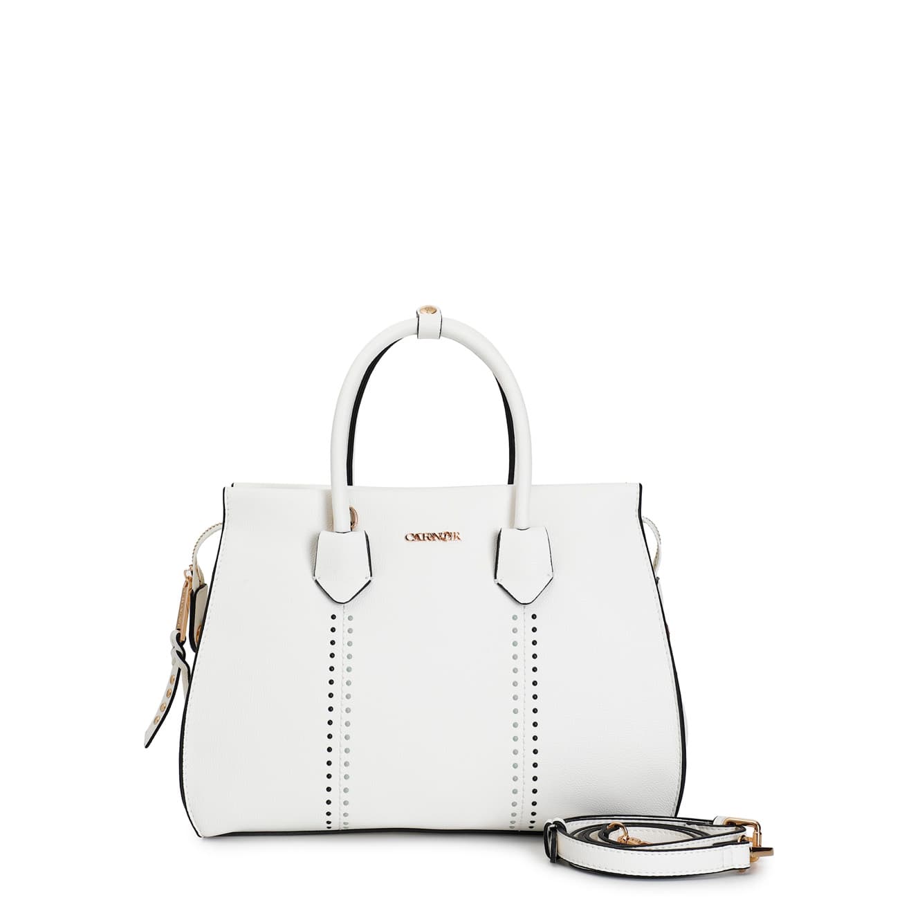 CafèNoir — Borsa a mano con fibbiette, mini rivetti bicolore e tracolla removibile bianco