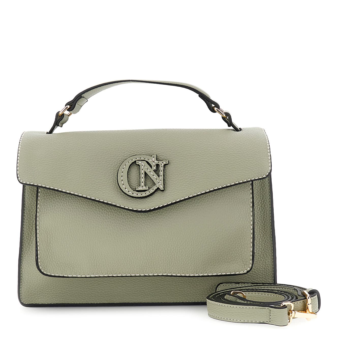 CafèNoir — Borsa a mano con pattina effetto con grana effetto pelle con pattina con logo cucito salvia