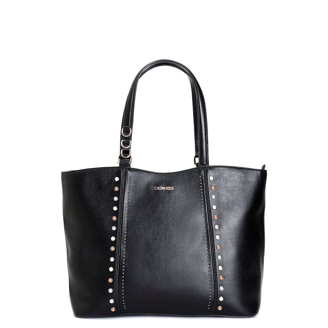 CafèNoir — Shopping bag con pietre cabochon, rivetti e manici imbottiti eleganti nero