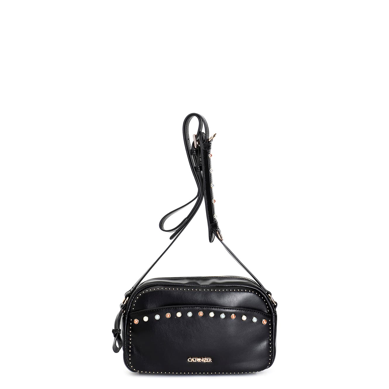 CafèNoir — Camera bag compatta con pietre cabochon, mini rivetti e spallaccio nero