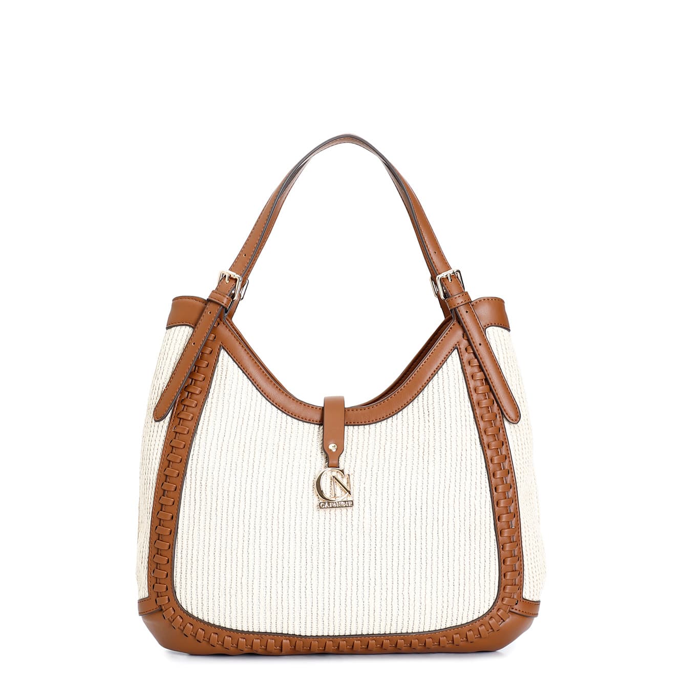 CafèNoir — Borsa a spalla in rafia con rifiniture a contrasto e charm in metallo naturale