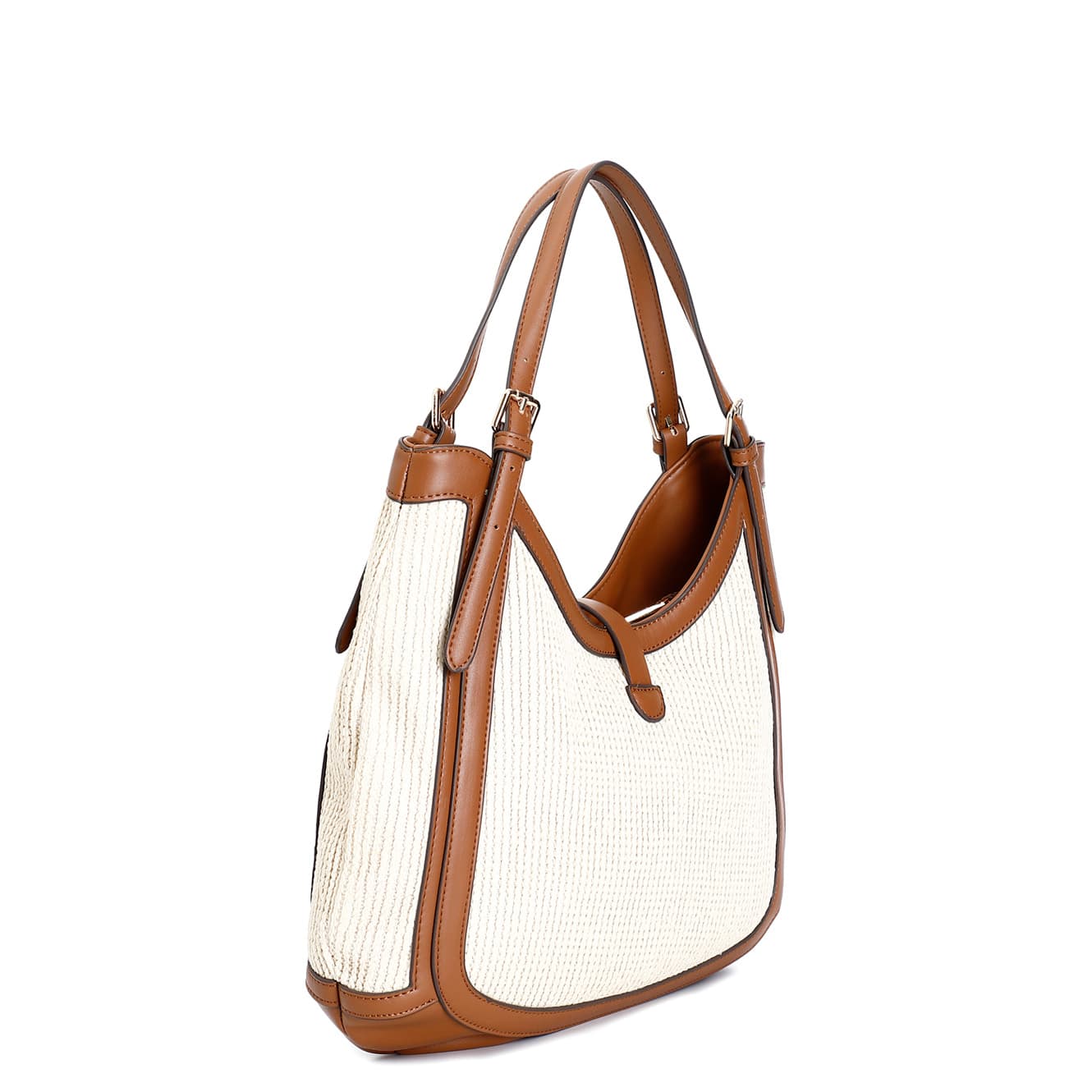 Borsa a spalla in rafia con rifiniture a contrasto e charm in metallo naturale — vista 2