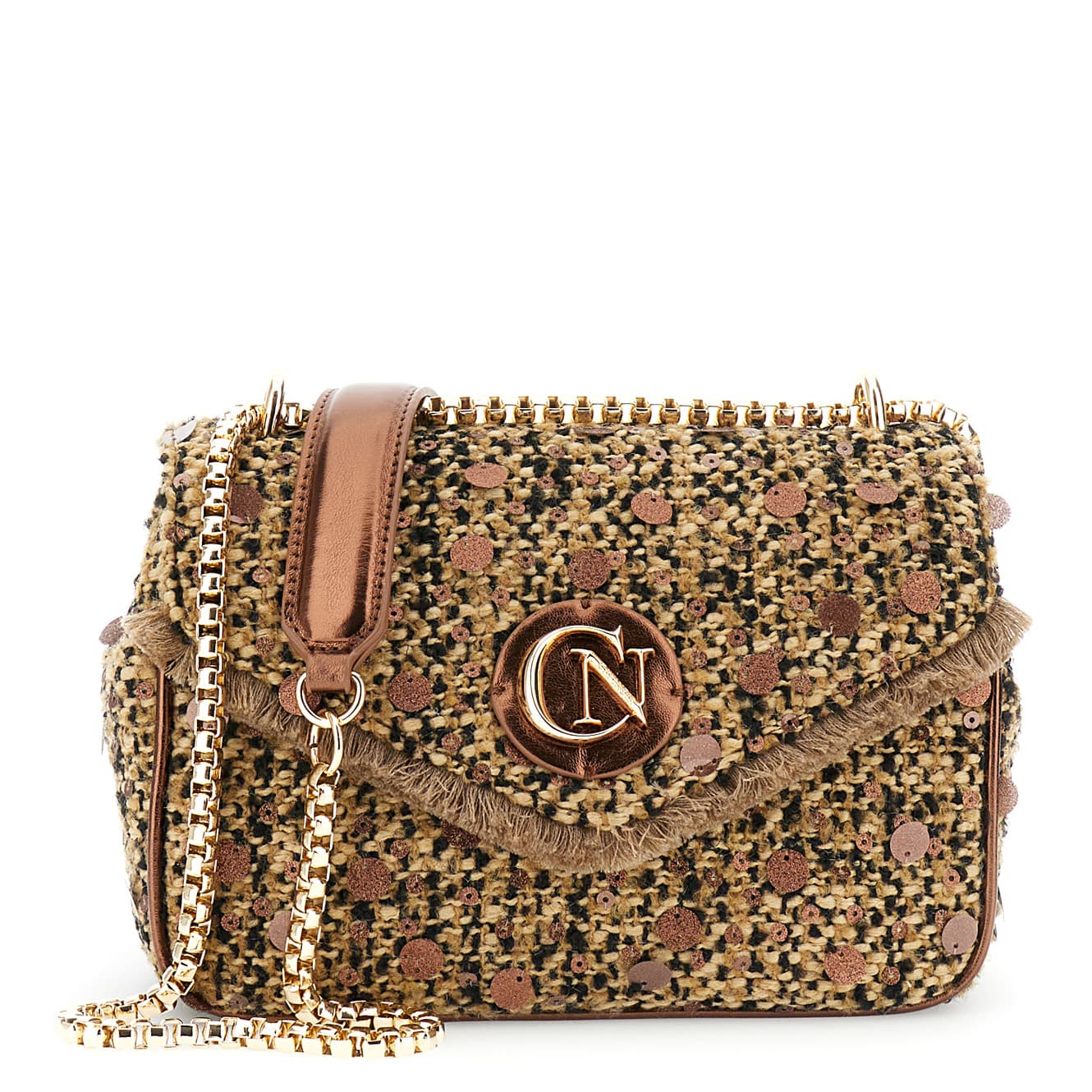 CafèNoir — Borsa a spalla in bouclé con paillettes bronzo