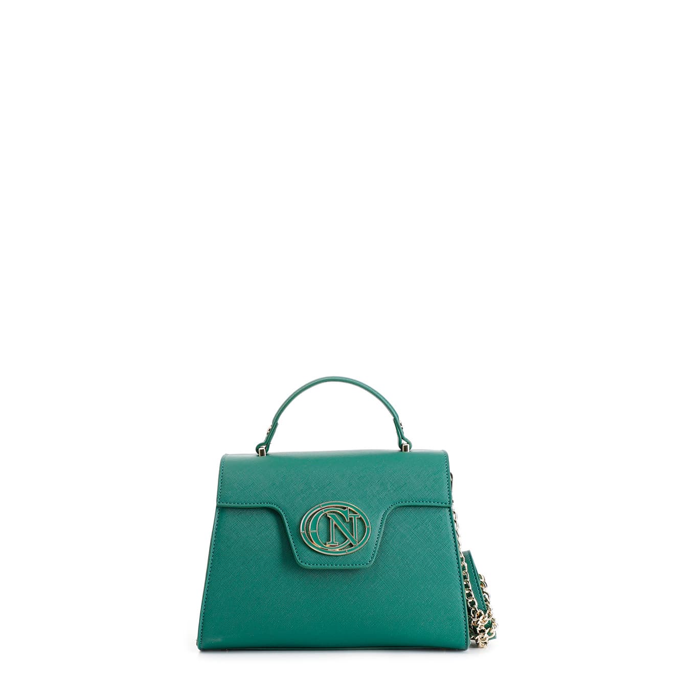 CafèNoir — Borsa a mano con pattina in saffiano con logo ovale smaltato in tono verde