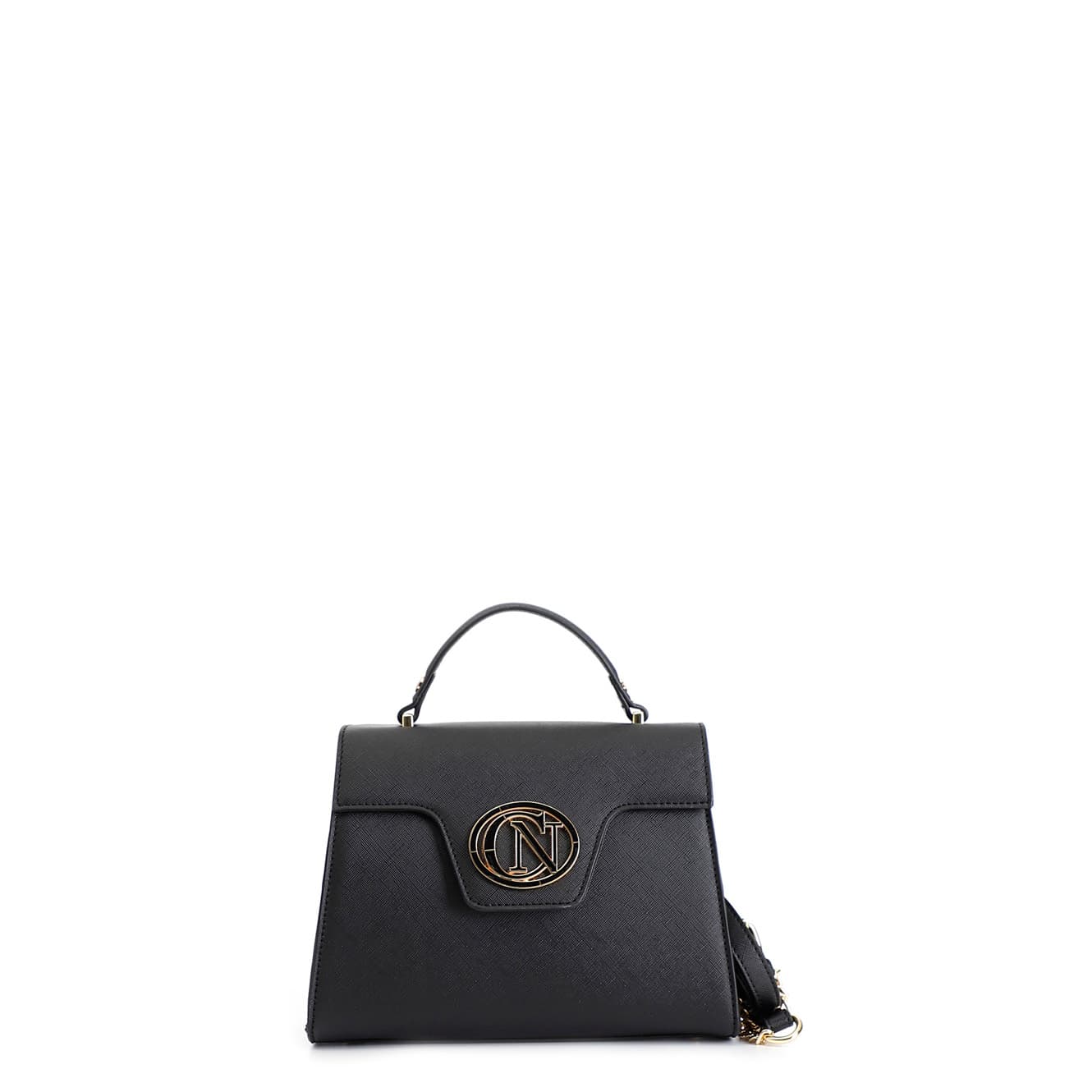 CafèNoir — Borsa a mano con pattina in saffiano con logo ovale smaltato in tono nero