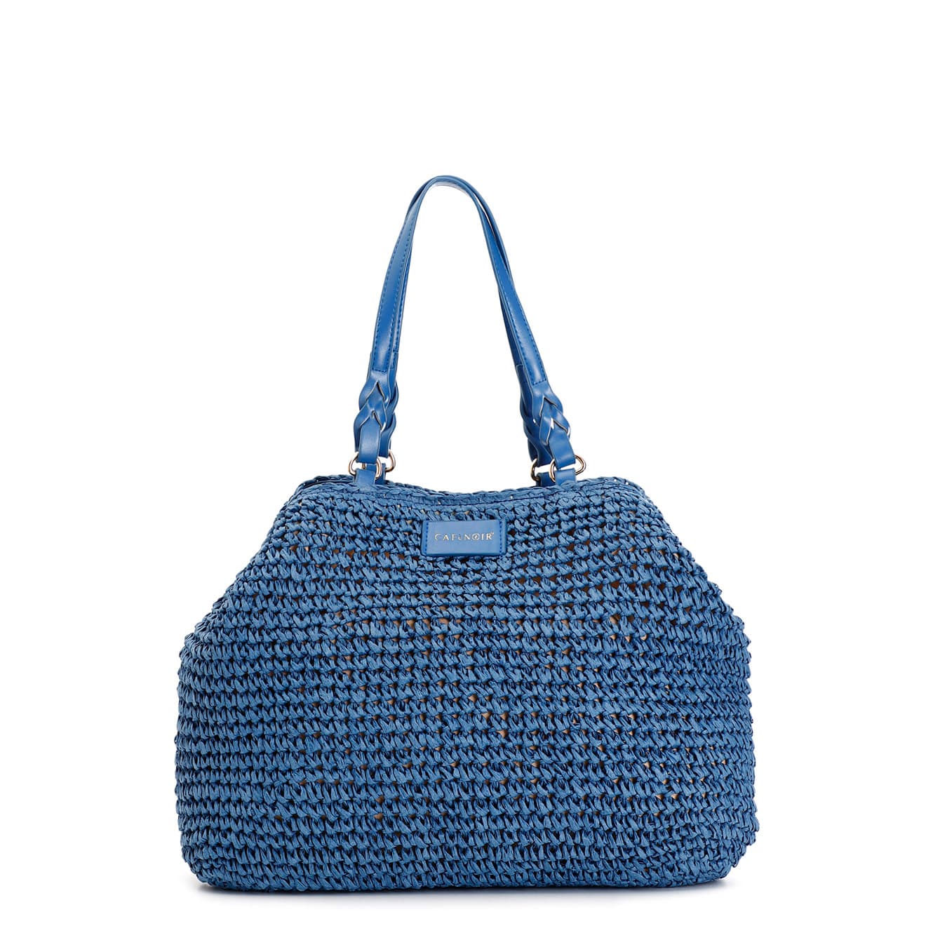 CafèNoir — Tote a lavorazione crochet con charm colorato a cuore con bordo in rafia blu