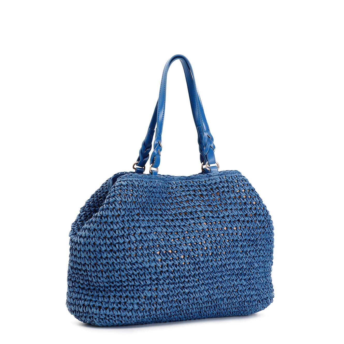Tote a lavorazione crochet con charm colorato a cuore con bordo in rafia blu — vista 2