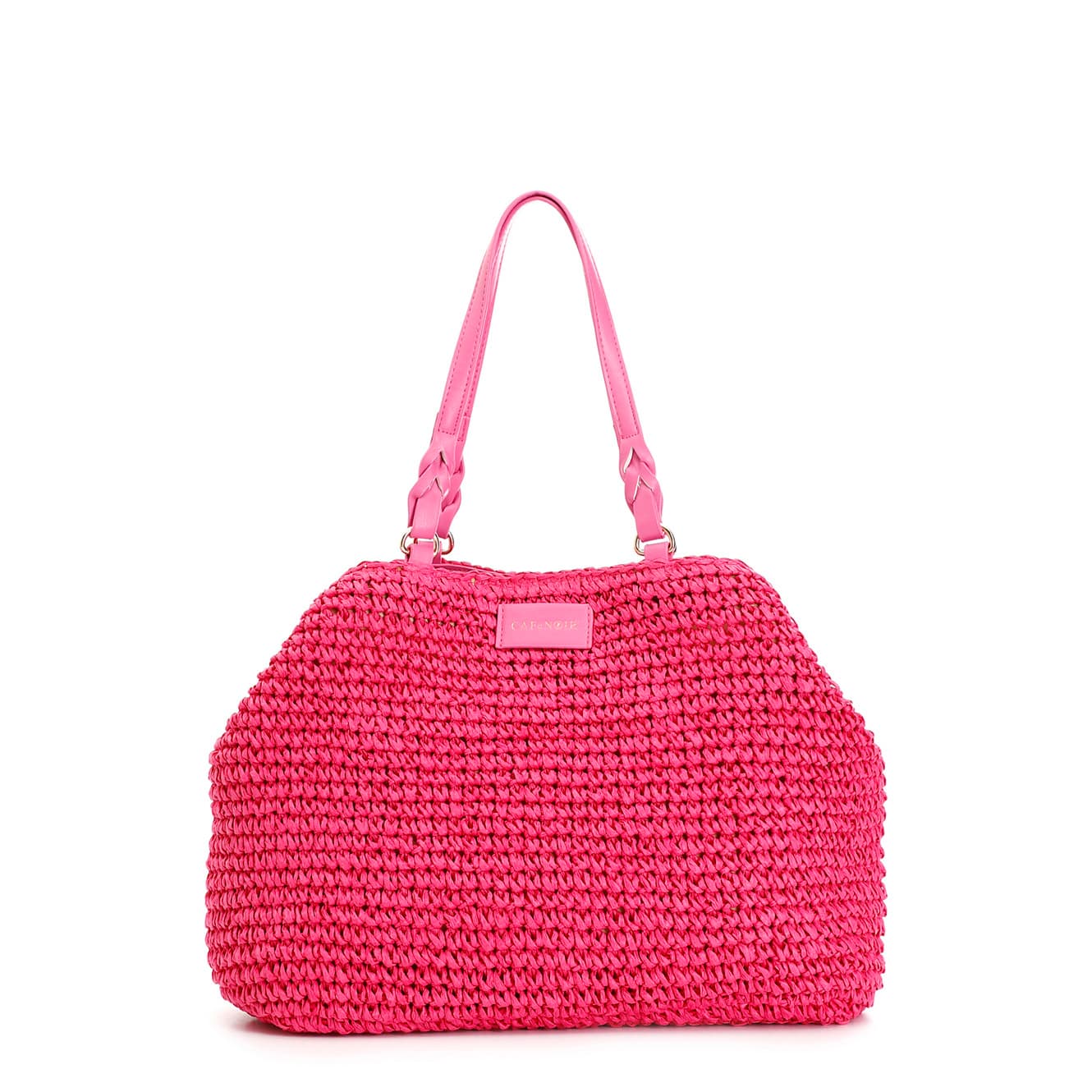 CafèNoir — Tote a lavorazione crochet con charm colorato a cuore con bordo in rafia fuxia