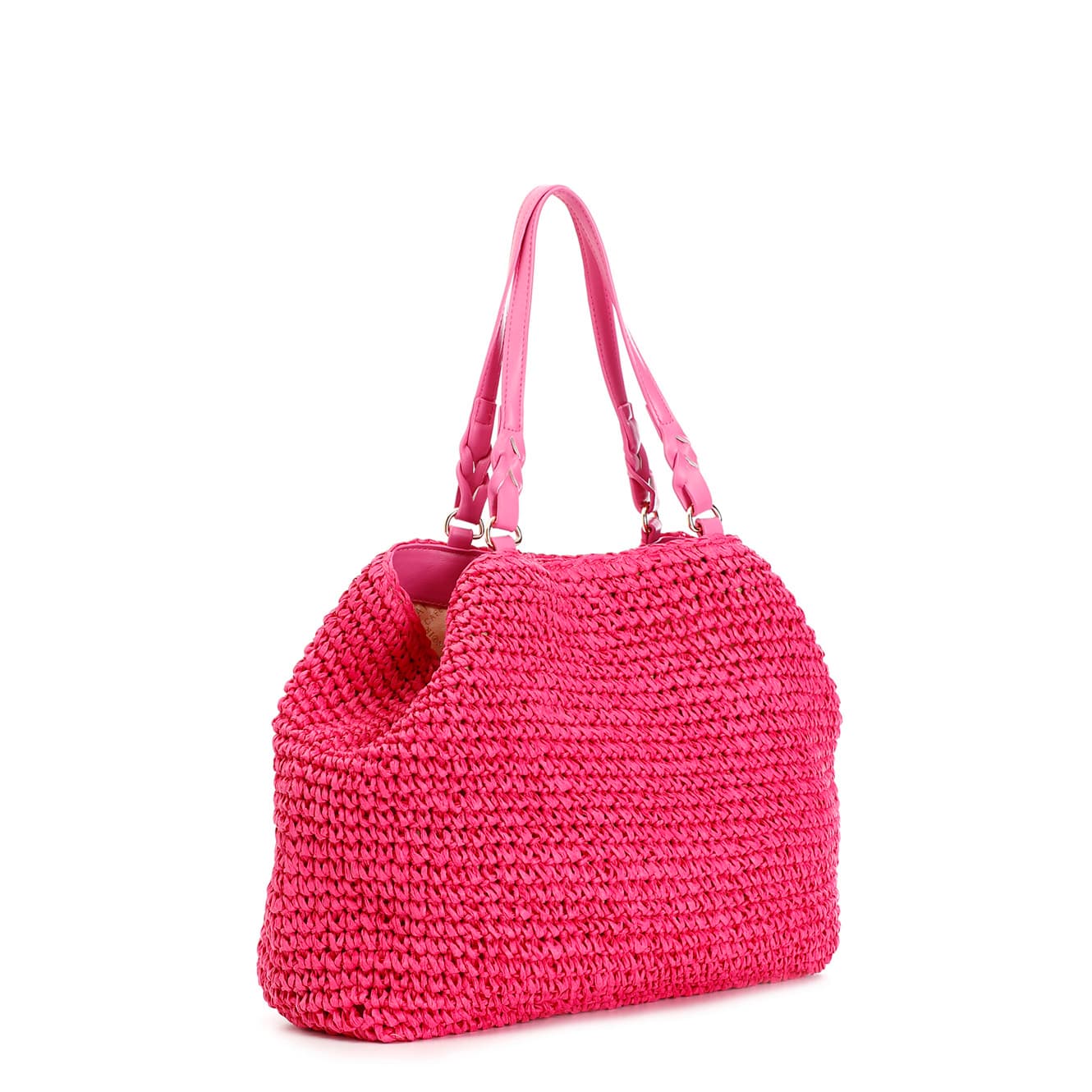 Tote a lavorazione crochet con charm colorato a cuore con bordo in rafia fuxia — vista 2