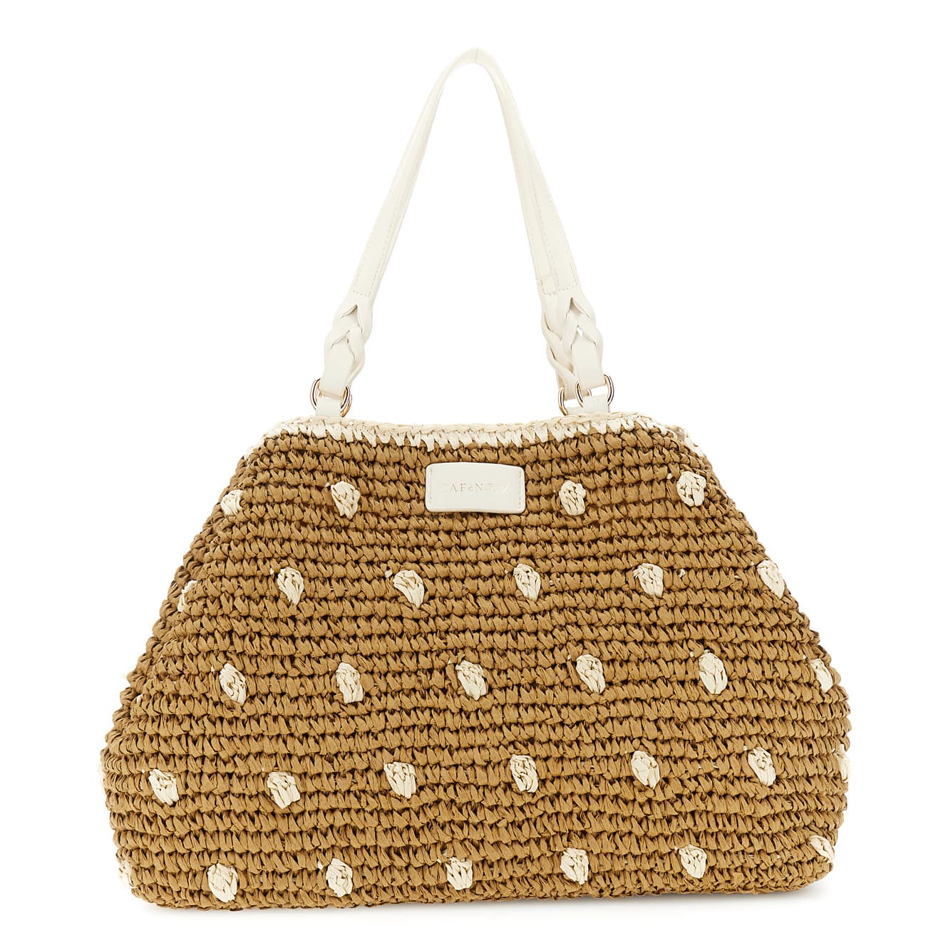 CafèNoir — Tote a spalla in crochet lavorato a mano e chiusura a calamita e moschettone cuoio/burro