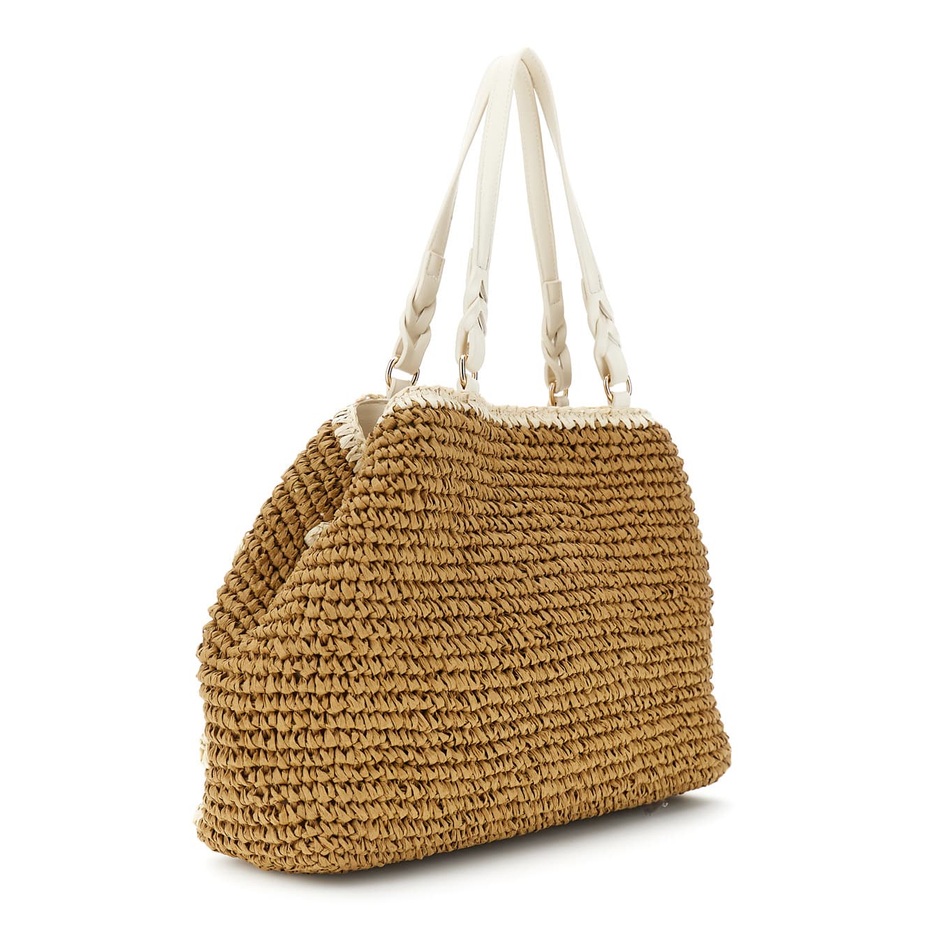 Tote a spalla in crochet lavorato a mano e chiusura a calamita e moschettone cuoio/burro — vista 2