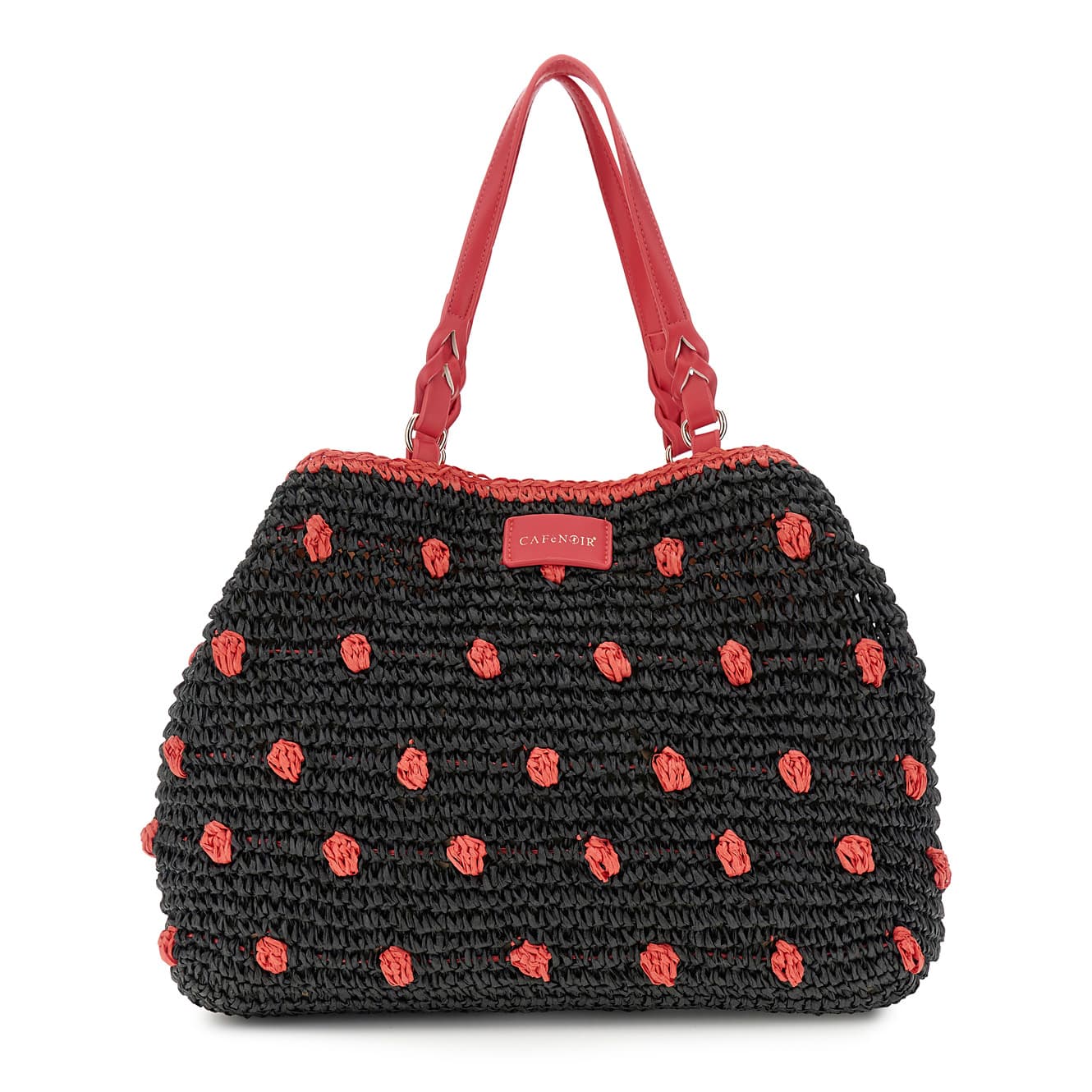 CafèNoir — Tote a spalla in crochet lavorato a mano e chiusura a calamita e moschettone nero/corallo