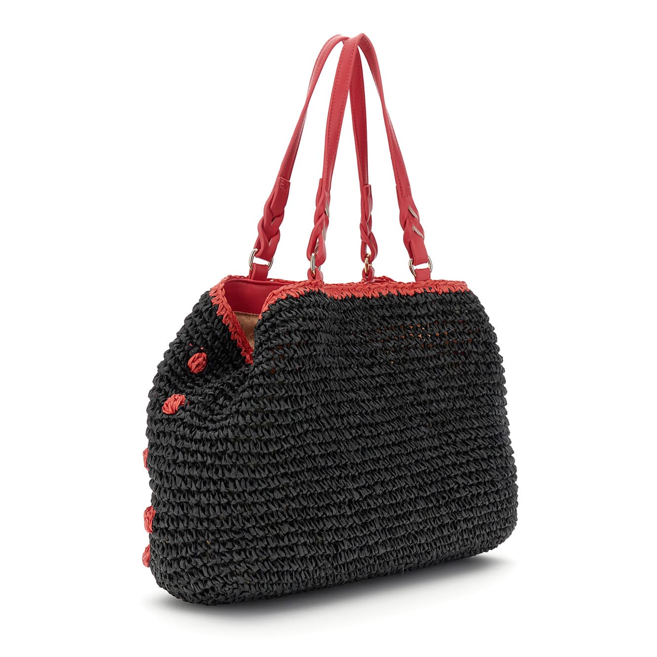 Tote a spalla in crochet lavorato a mano e chiusura a calamita e moschettone nero/corallo — vista 2