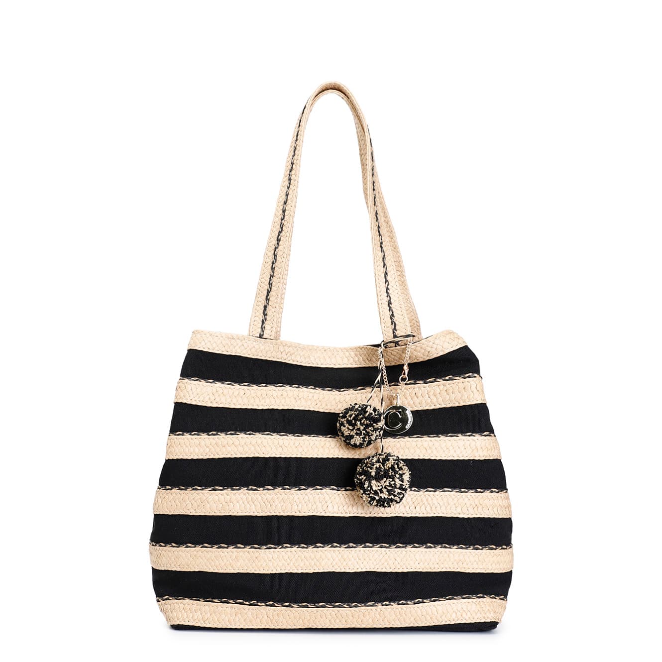 CafèNoir — Shopping bag in raffia e canvas, con charm con pompon nero