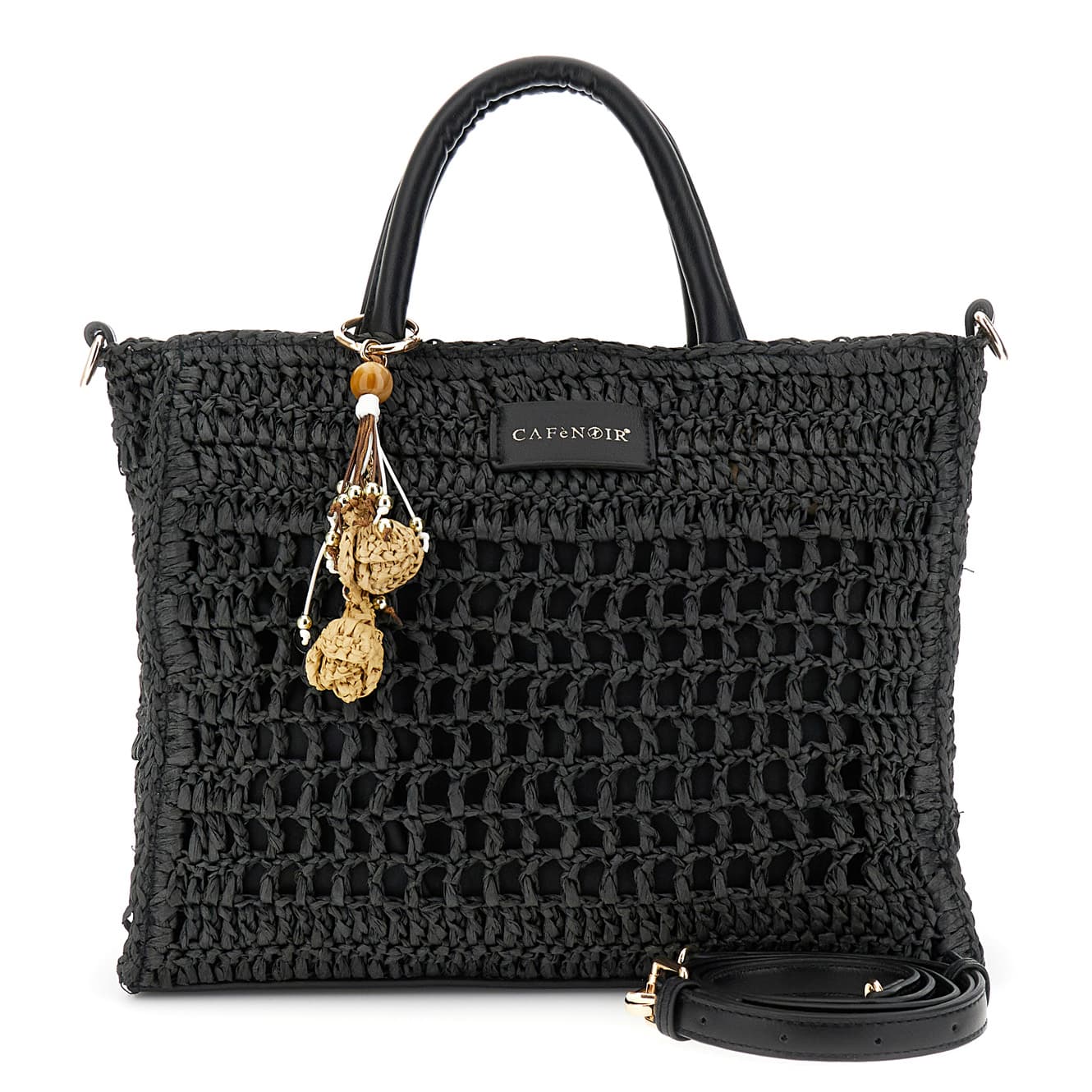 CafèNoir — Borsa a mano in rafia con lavorazione crochet con charms nero