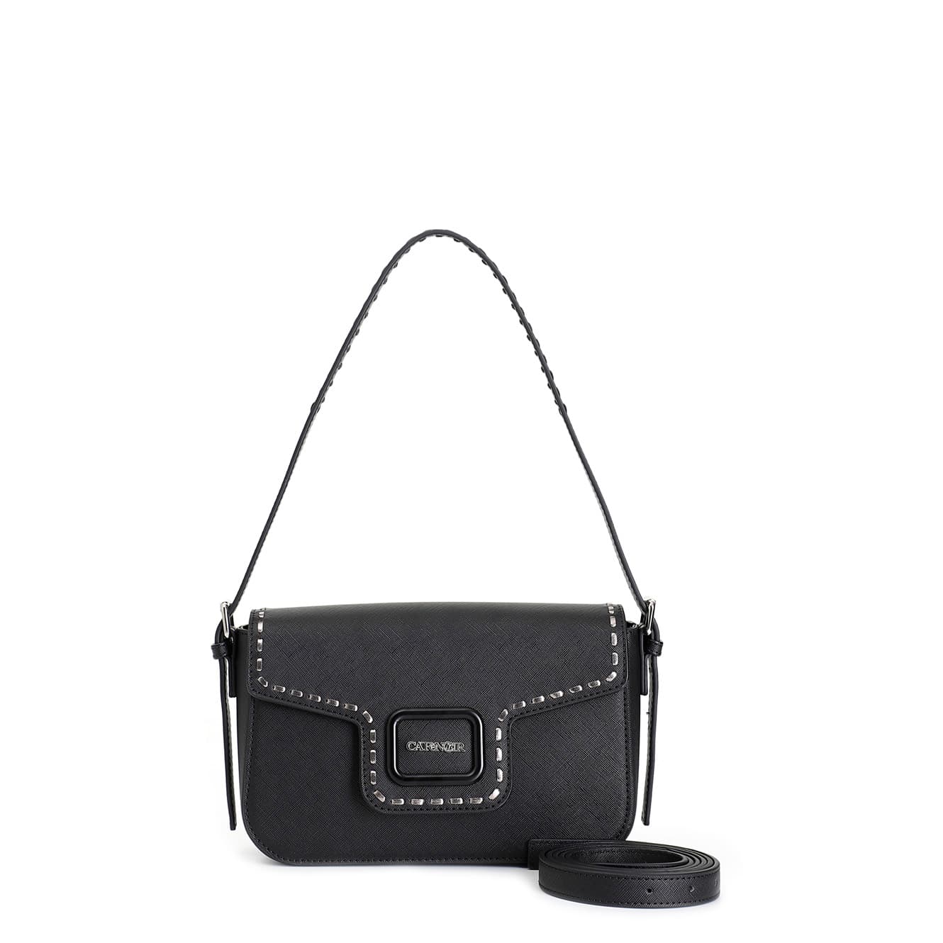 CafèNoir — Pattina in saffiano con accessorio smaltato e motivo di infilatura metallizzata nero