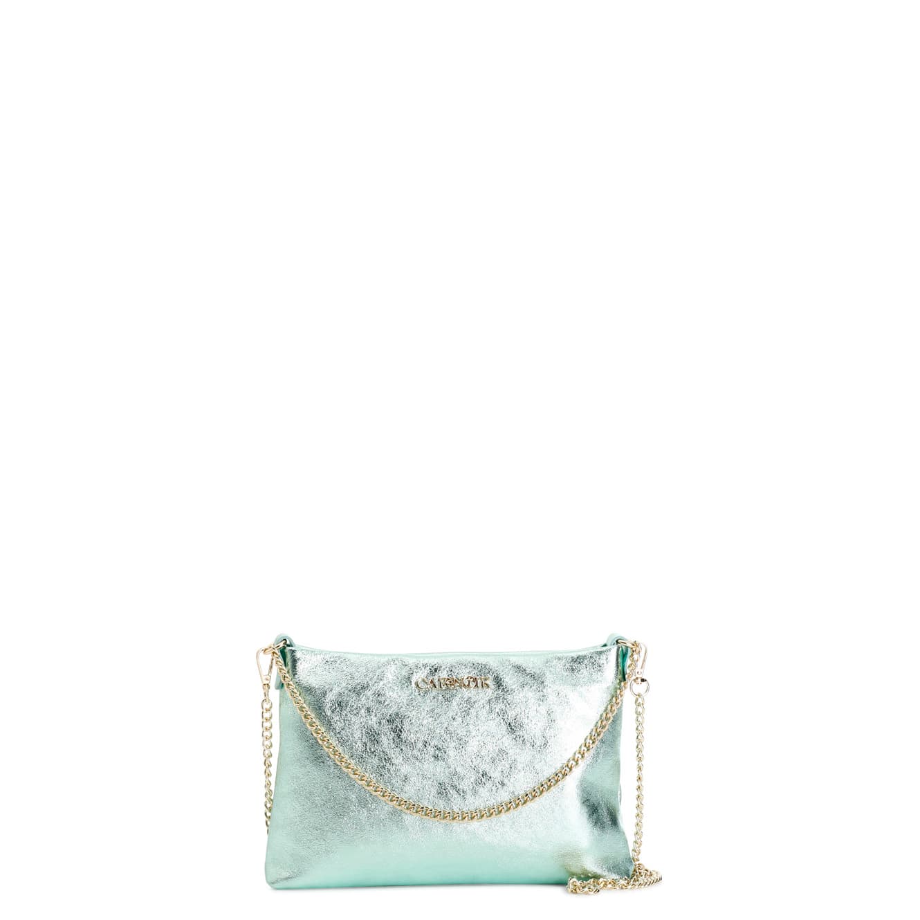 CafèNoir — Pochette in pelle laminata con tracolla in catena menta