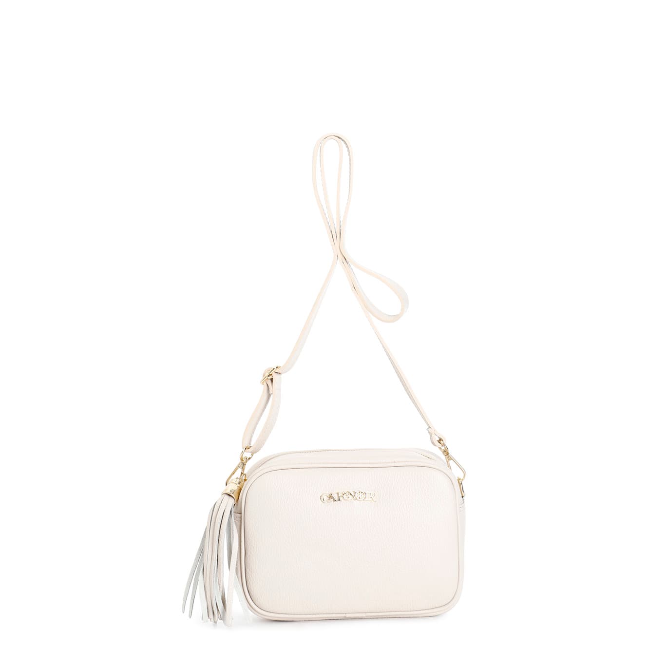 CafèNoir — Camera bag in pelle martellata con tracolla con moschettoni e nappina beige