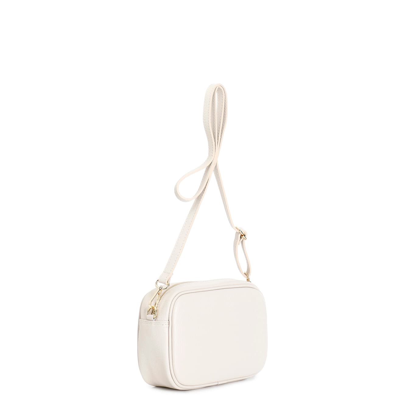 Camera bag in pelle martellata con tracolla con moschettoni e nappina beige — vista 2