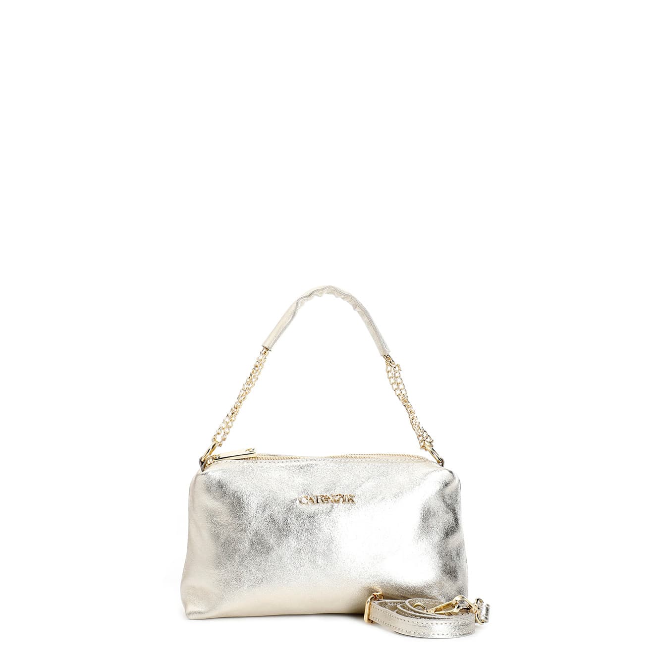 CafèNoir — Camera bag in pelle metallizzata con manico in catena con manigliotto e nappina platino
