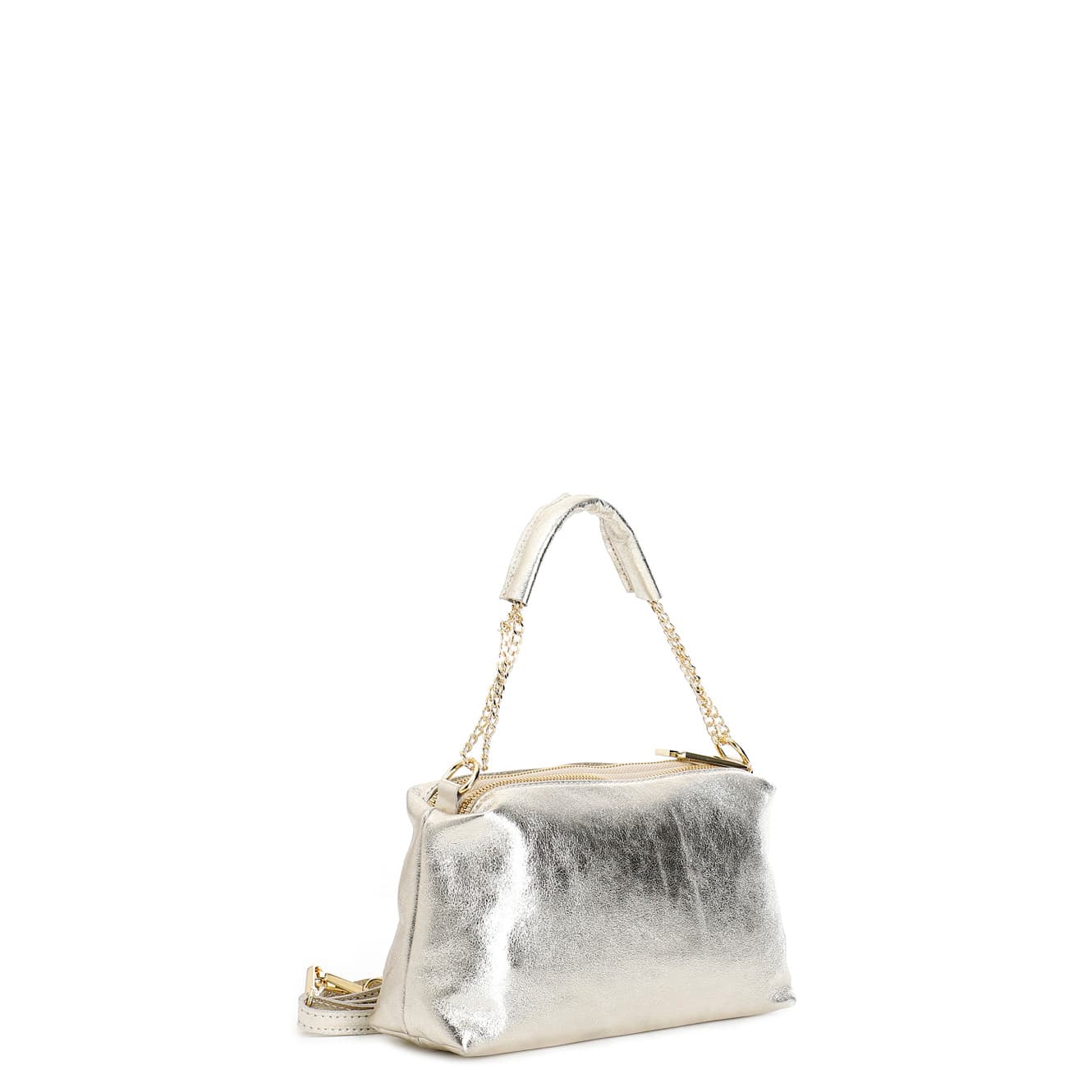 Camera bag in pelle metallizzata con manico in catena con manigliotto e nappina platino — vista 2