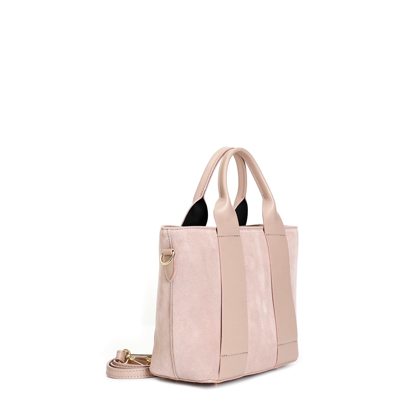 Borsa con manici tubolari in camoscio con rifiniture in pelle martellata nude — vista 2