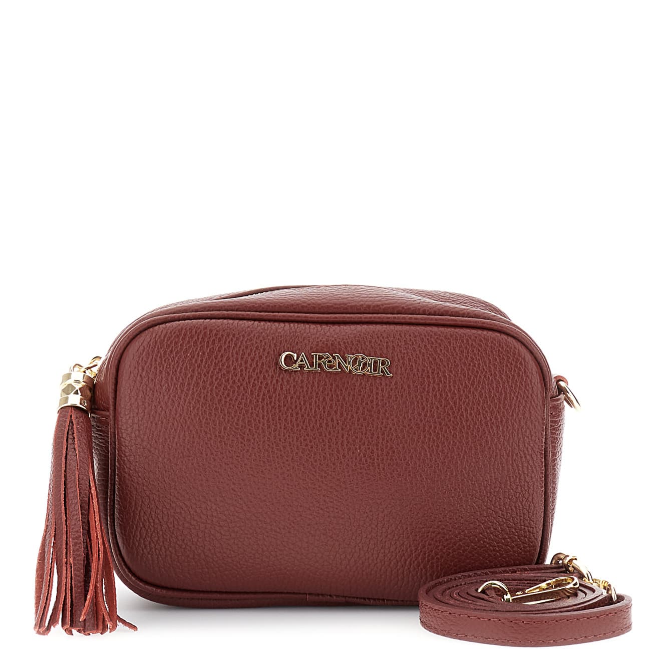 CafèNoir — Camera bag in pelle martellata con nappina bordeaux