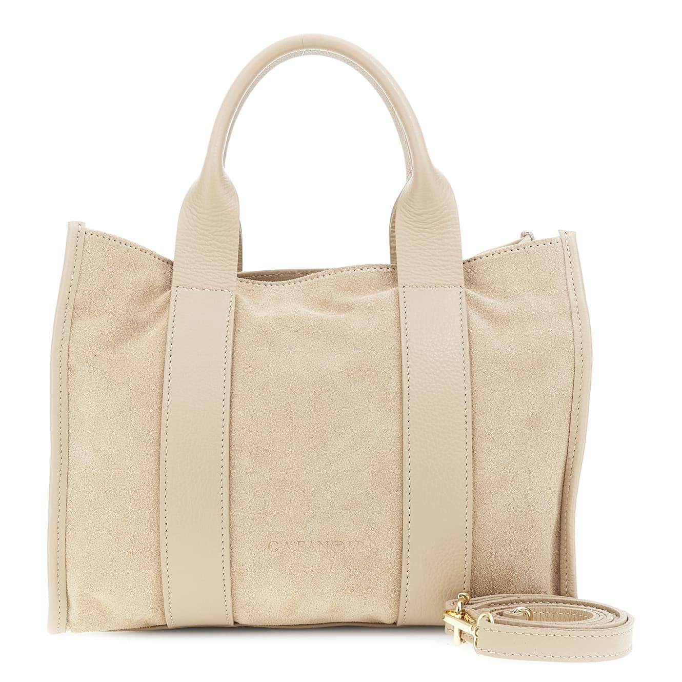 CafèNoir — Borsa in camoscio con manici in pelle martellata tortora