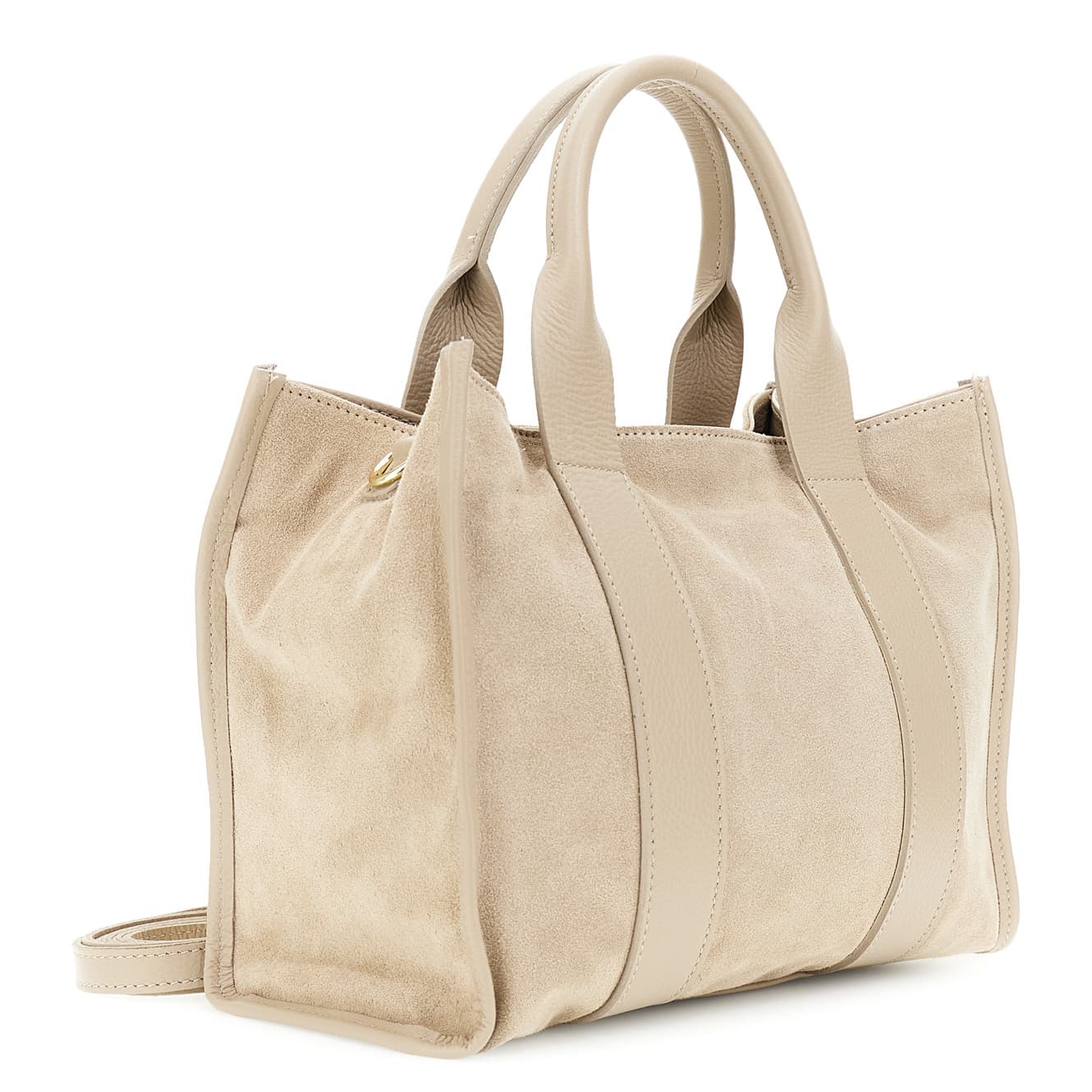 Borsa in camoscio con manici in pelle martellata tortora — vista 2