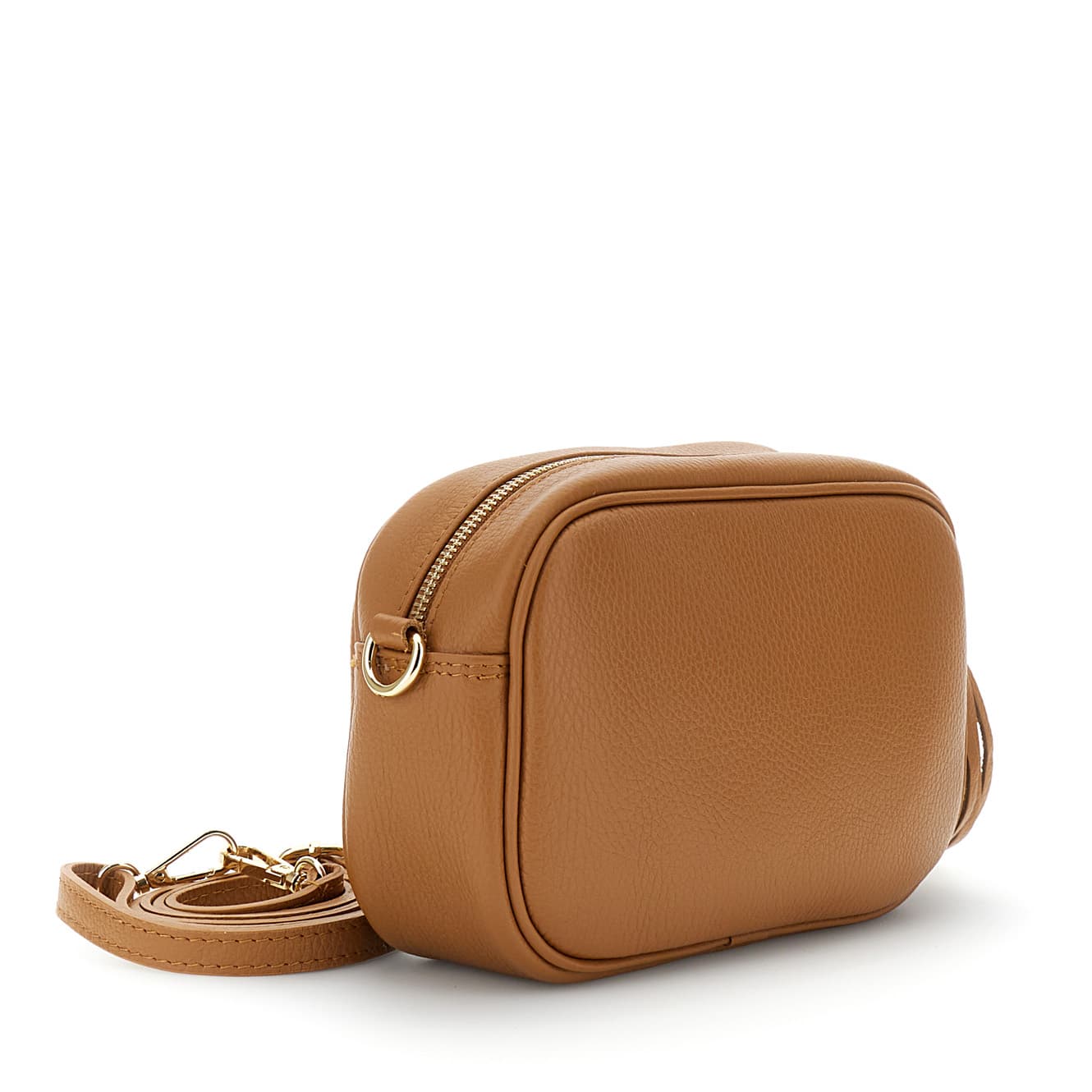 Camera bag in pelle martellata con tracolla, moschettoni e nappina cuoio — vista 2