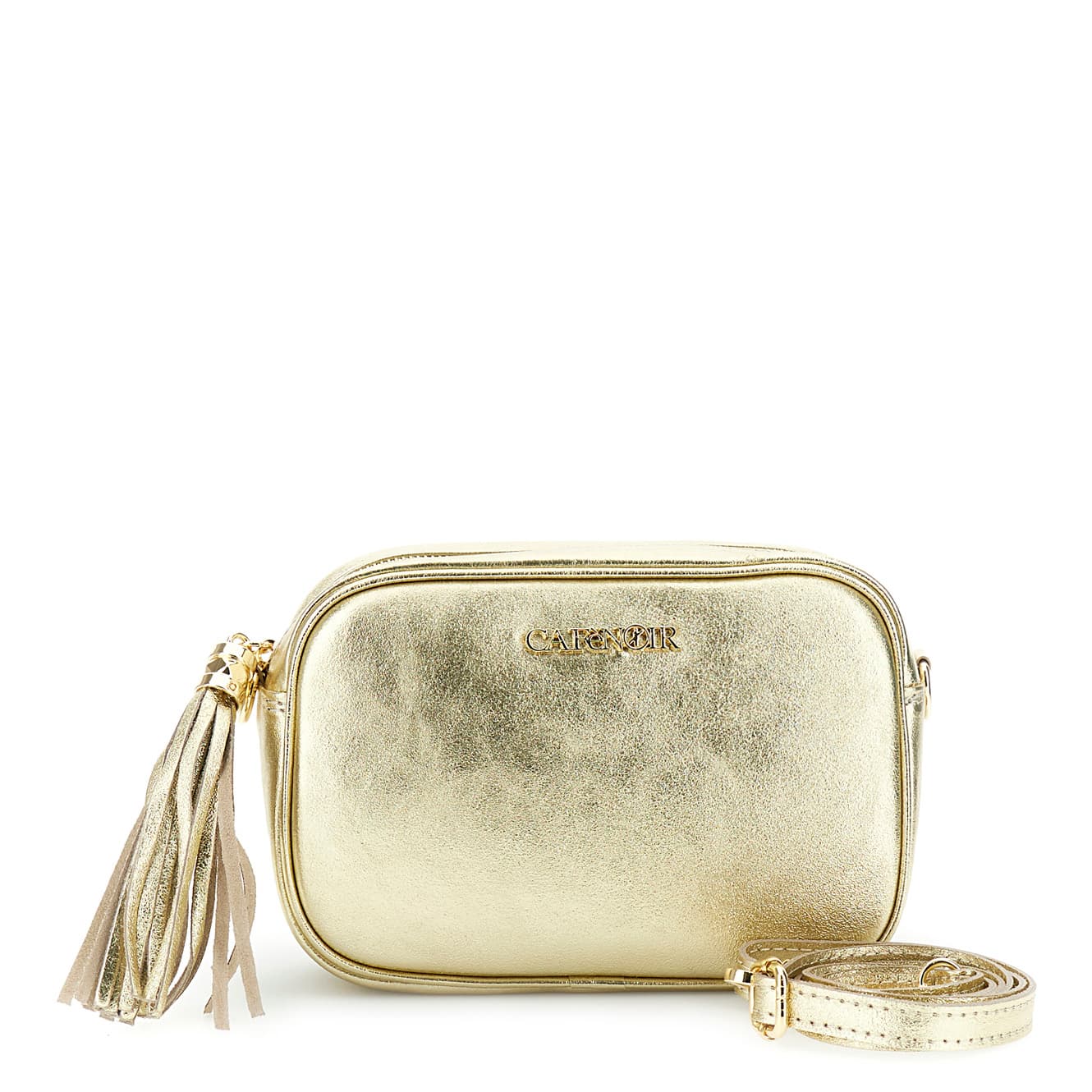 CafèNoir — Camera bag in pelle laminata con tracolla, moschettoni e nappina oro