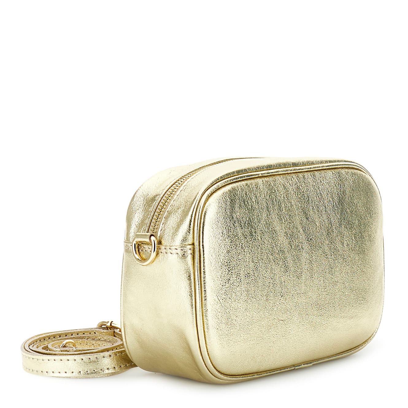 Camera bag in pelle laminata con tracolla, moschettoni e nappina oro — vista 2