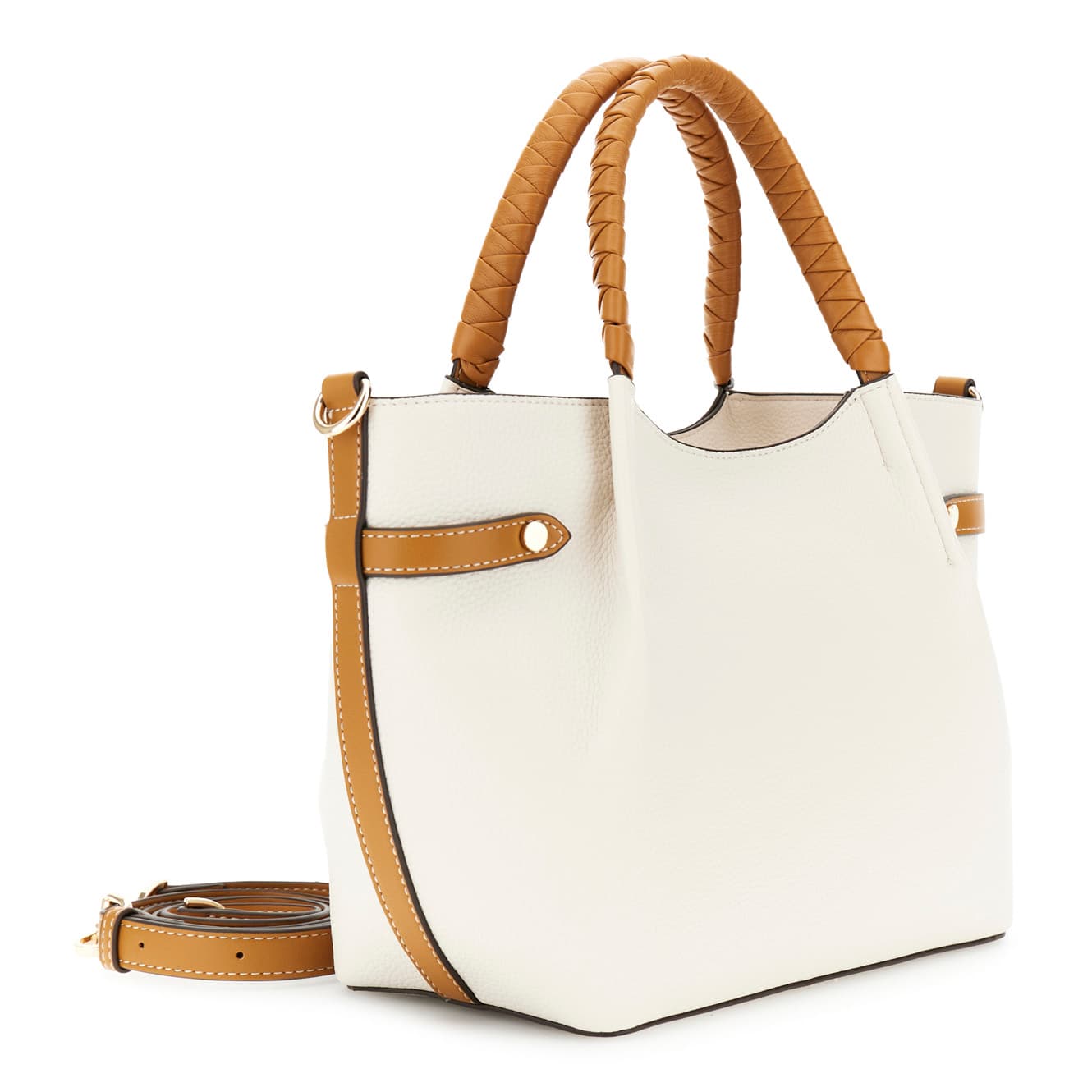 Shopping bag con pieghe effetto pelle con grana e rifiniture in similpelle panna/cuoio — vista 2