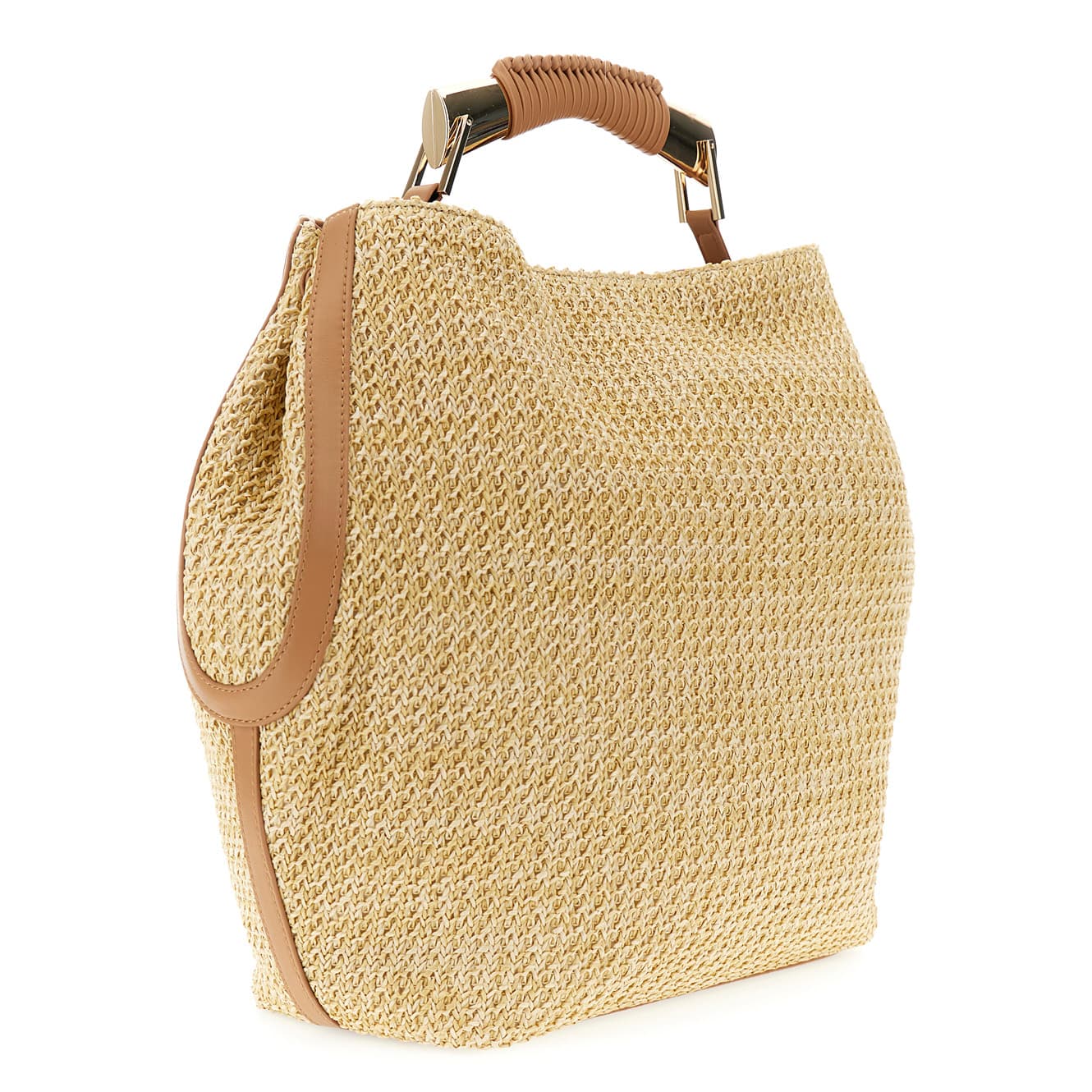 Sacca in raffia con rifiniture effetto pelle a contrasto naturale — vista 2
