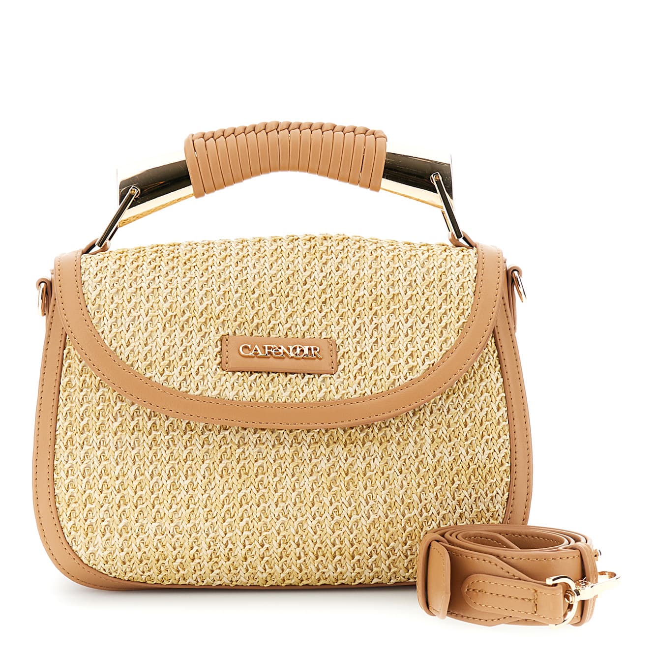 CafèNoir — Borsa a mano in raffia con pattina e rifiniture effetto pelle a contrasto naturale