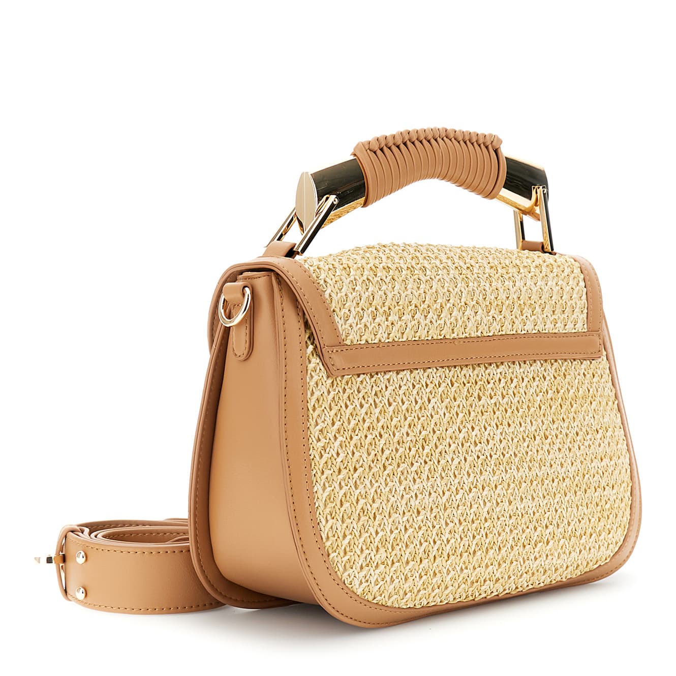 Borsa a mano in raffia con pattina e rifiniture effetto pelle a contrasto naturale — vista 2