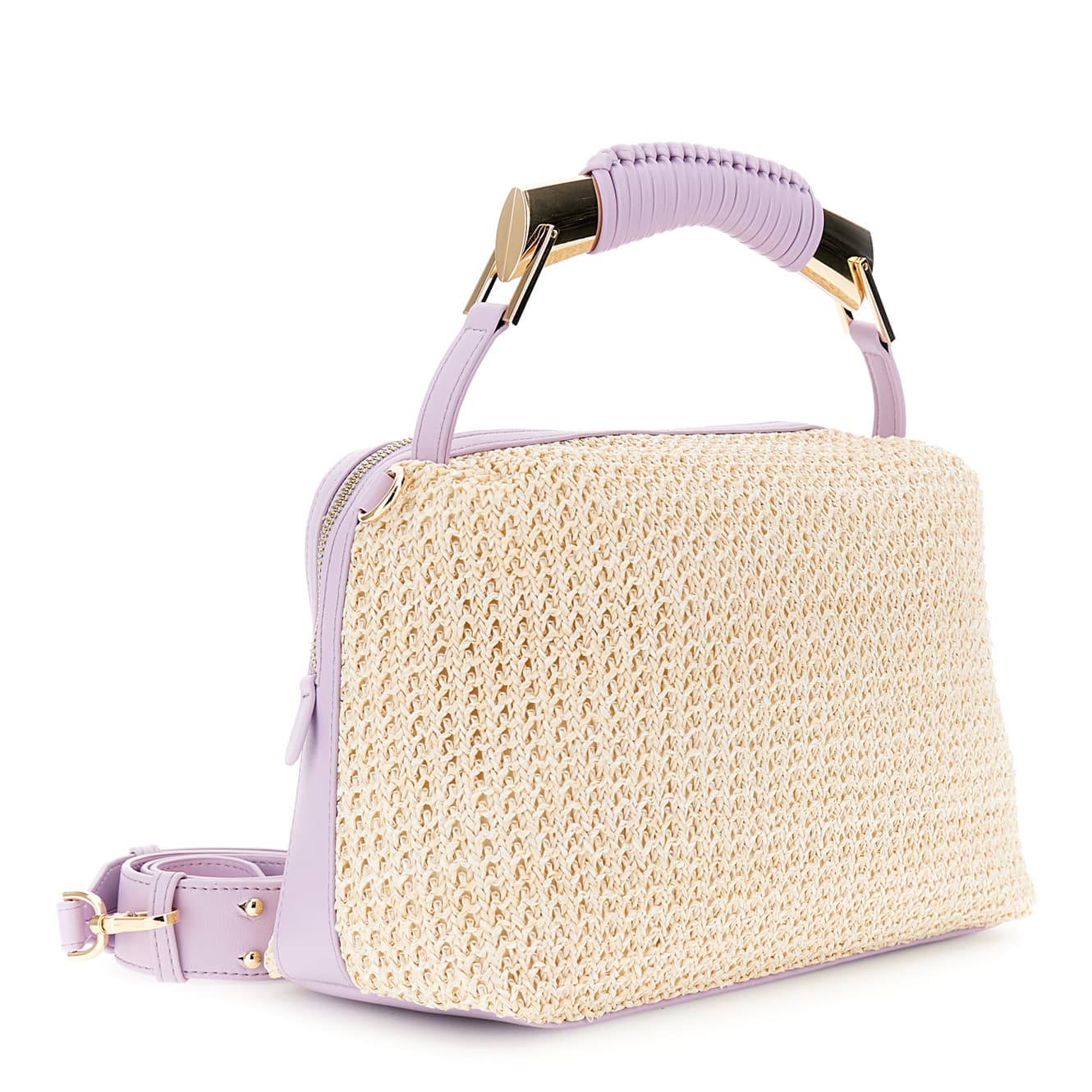 Bauletto in raffia con pattina e rifiniture effetto pelle a contrasto crema/lilla — vista 2