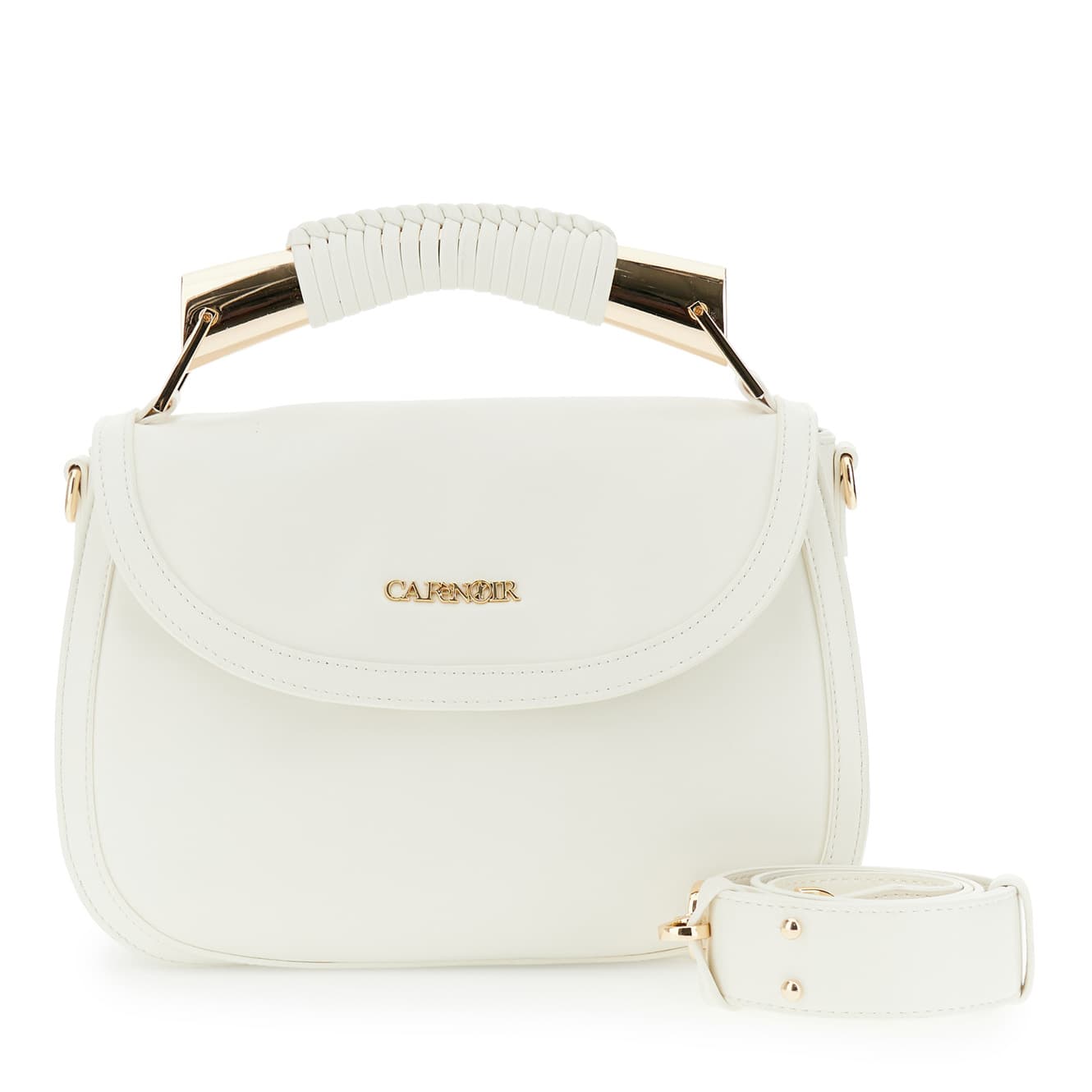 CafèNoir — Borsa con pattina effetto pelle con manico in metallo e infilatura decorativa bianco