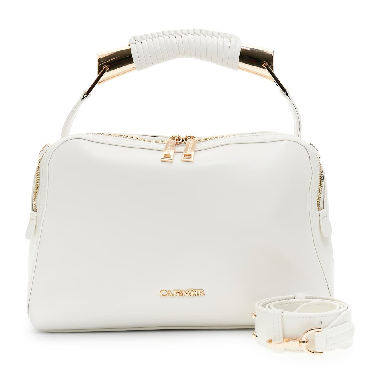 CafèNoir — Borsa a mano effetto pelle con manico in metallo e infilatura decorativa bianco