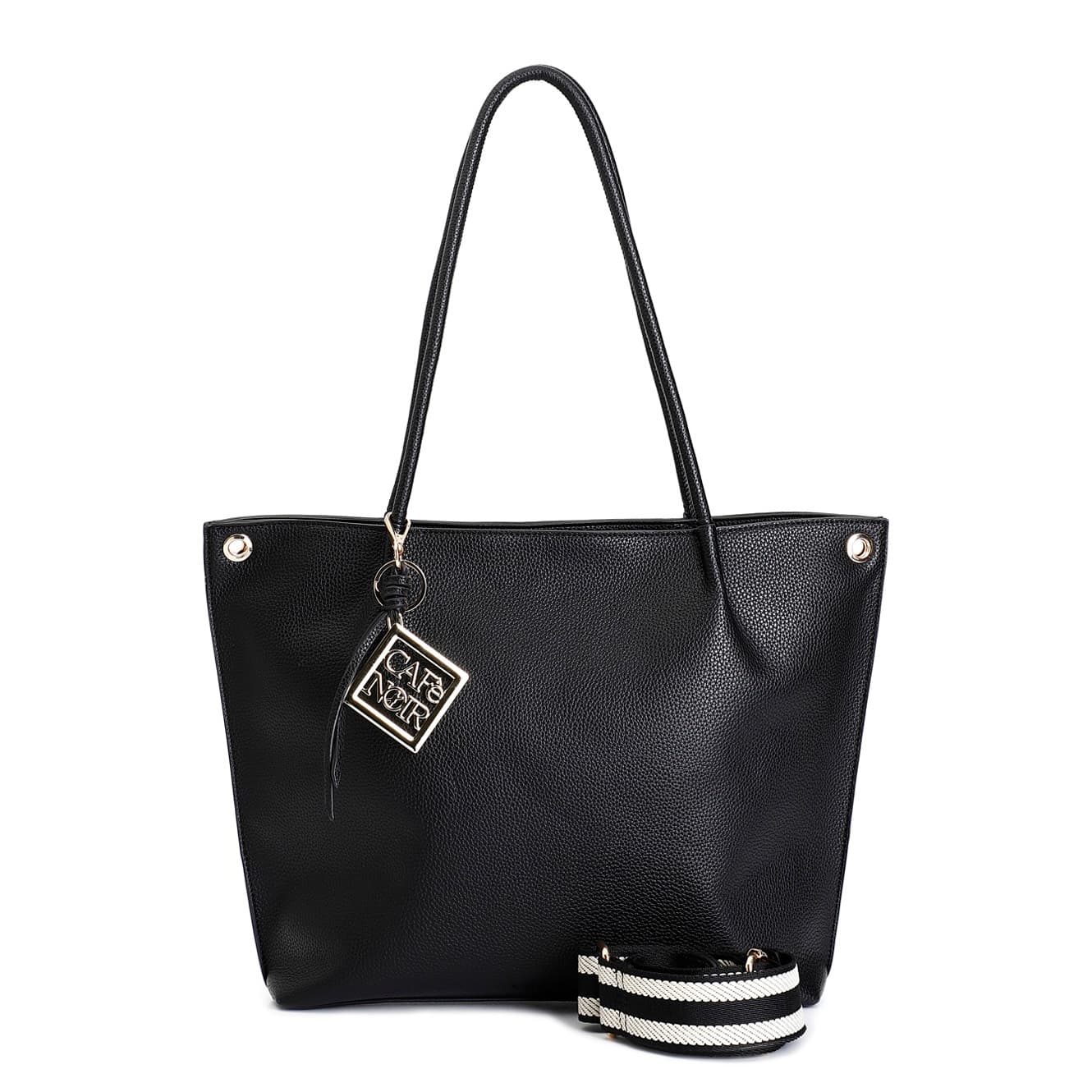 CafèNoir — Shopping bag in materiale con grana e tracolla removibile in nastro nero