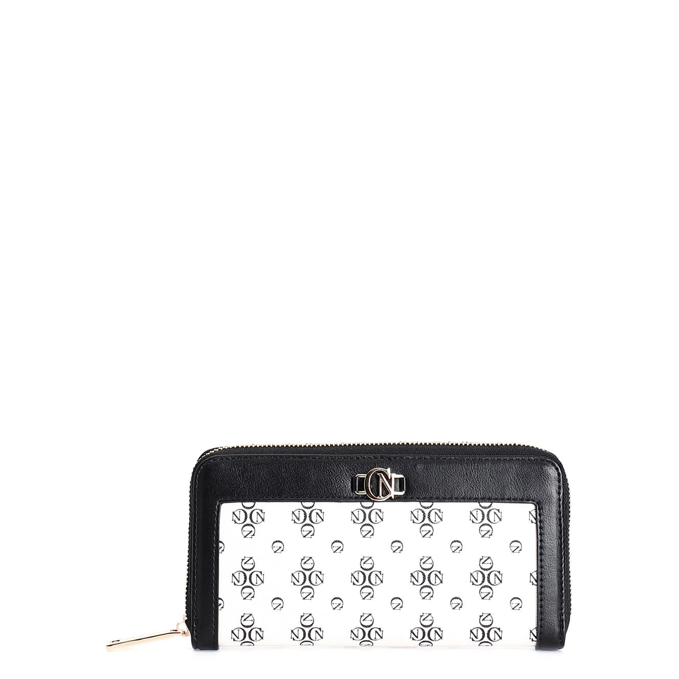 CafèNoir — Portafoglio zip round in saffiano stampato monogram accessorio in metallovetti nero