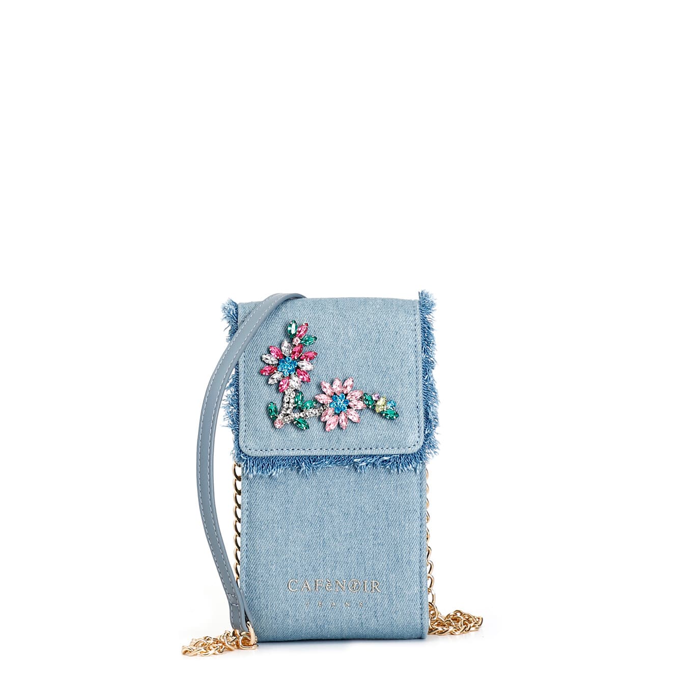 CafèNoir — Porta cellulare in denim sfrangiato con fiori di pietre e strass denim