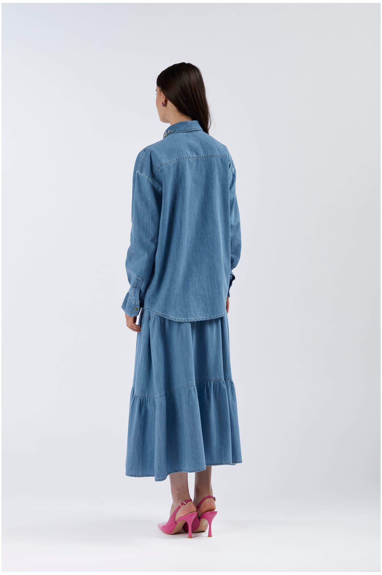 Camicia in tela denim con colletto ricamato sky — vista 2