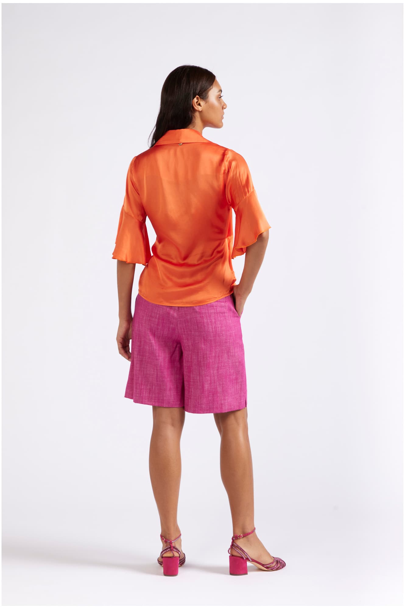Camicia incrociata in satin arancio — vista 2