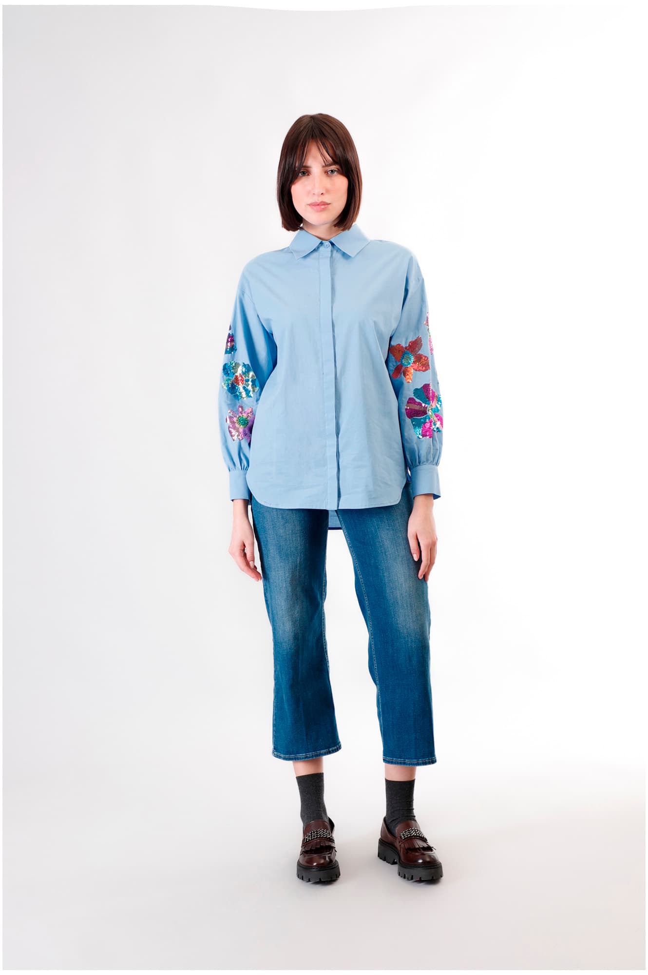 CafèNoir — Camicia in popeline con ricamo pailettes celeste