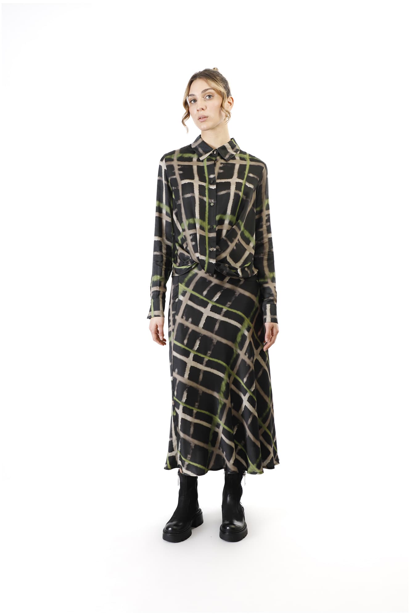 CafèNoir — Camicia stampata con nodo check pistacchio
