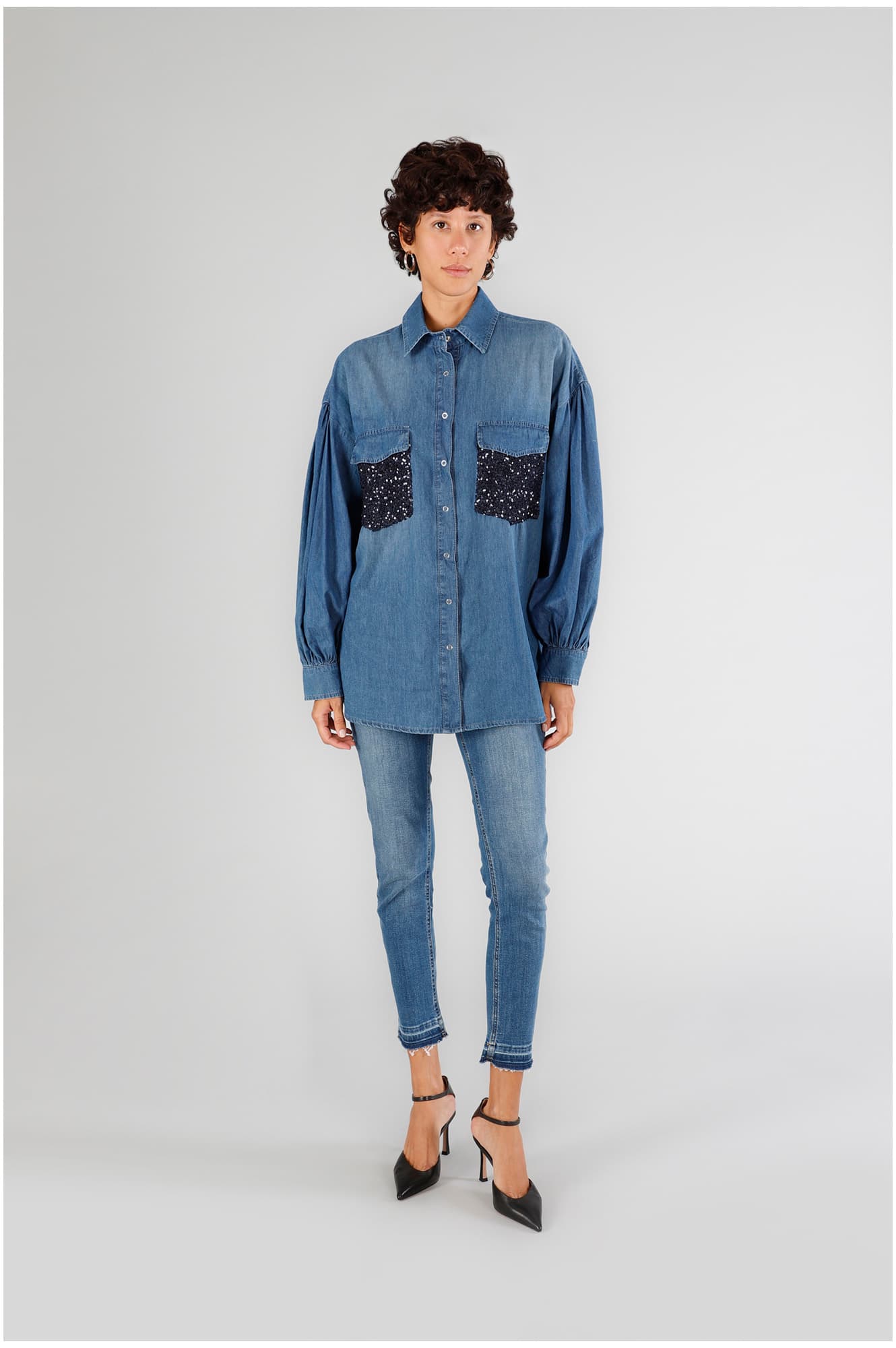 CafèNoir — Camicia over con tasche di pailettes blu medio