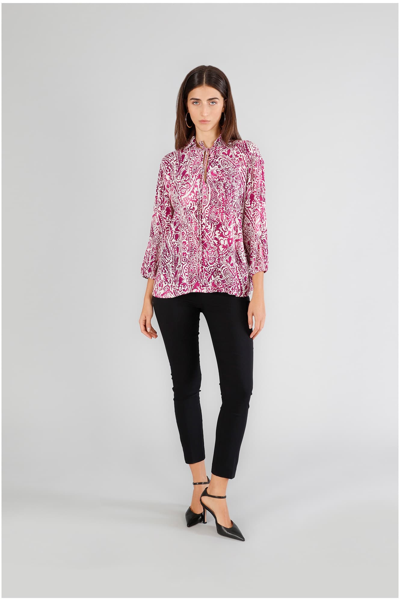 Blusacon maniche a sbuffo in marocain stampato paisley azalea — vista 3